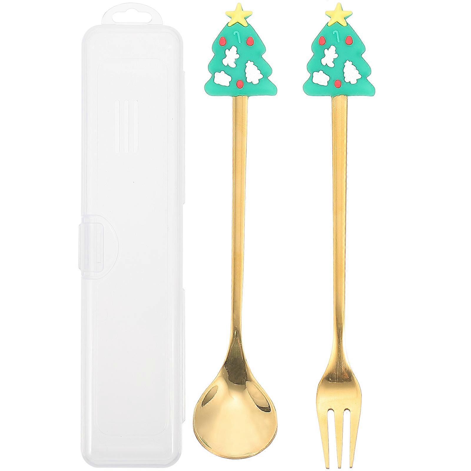 Set Weihnachtsbesteck, Dessertlöffel Und Obstgabel Aus Edelstahl, Für Reisen Und Partys-16x3.5x2cm-green