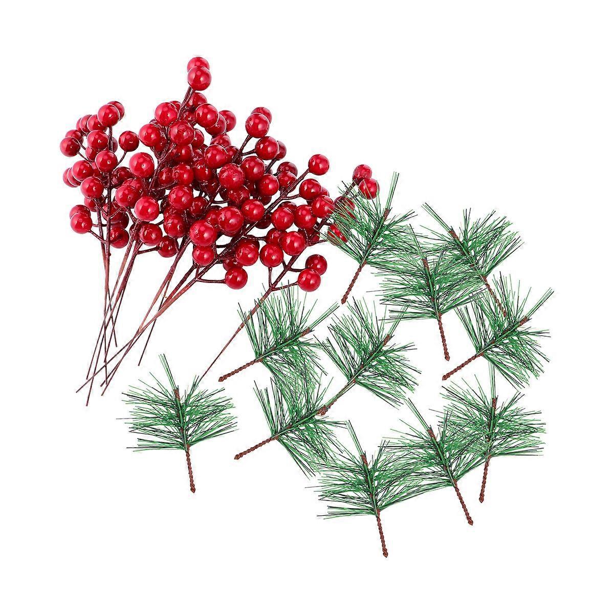20 Stück Künstliche Beerenzweige Und Kiefernnadeln Als Weihnachtsgeschenkverpackung (grün + Rot)-20x1.5x1.5cm-red