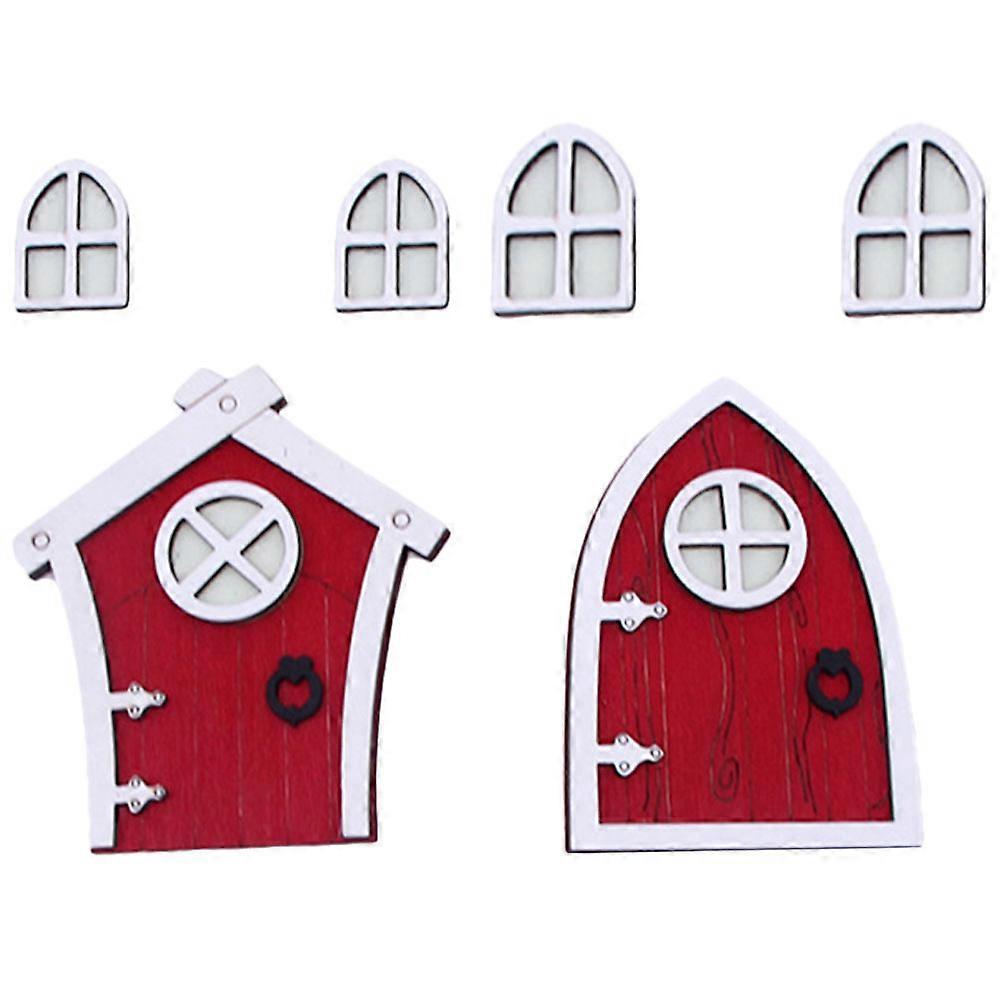 Sets Außendekoration Feentür Wandzwerg Fenster Tür Miniatur Feentür Modell Holz Feentür-9.9x8.9cm-red