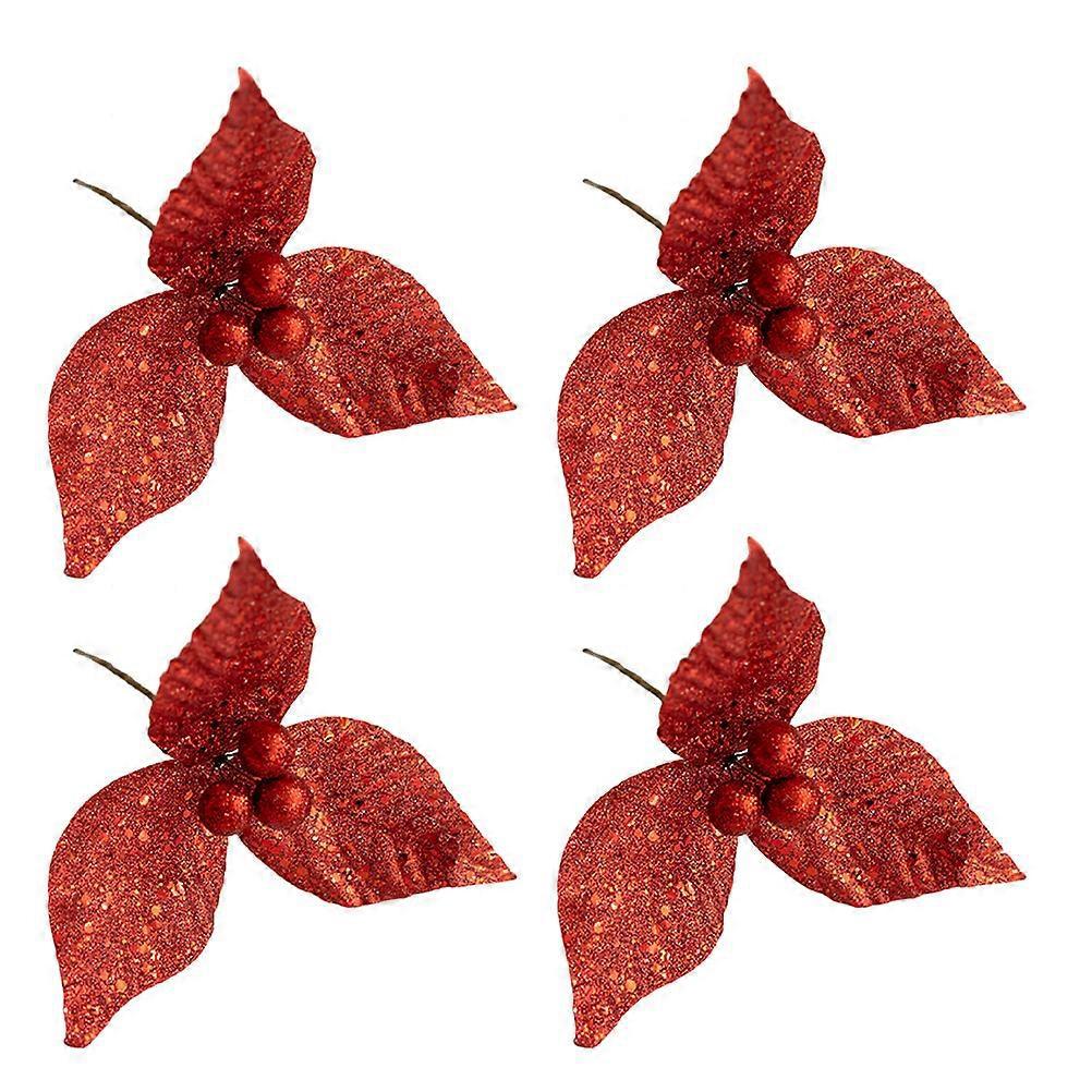 4-teiliges Set Künstliche Glitzerblumen Für Weihnachtsbäume Und -kränze-12x12x9cm-red