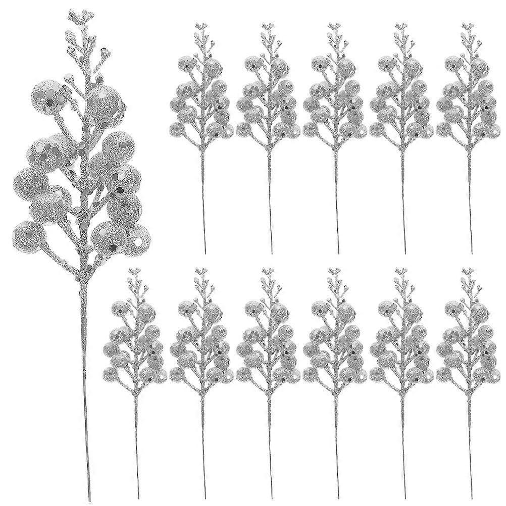 12 Stück Weihnachtsglitzerbeeren-stiele, Künstliche Weihnachtsstecker, Glitzerstäbchen, Gastgeschenke Für Die Weihnachtsfeier-19x5x5cm-silver