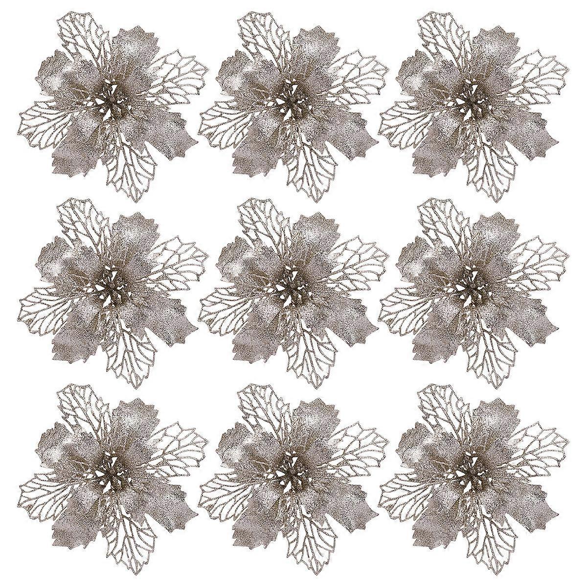 Toyandona 12 Stück Glitzernde Weihnachtssternblüten Hohle Künstliche Blumen Weihnachtsbaumschmuck Hängende Anhänger (champagner)