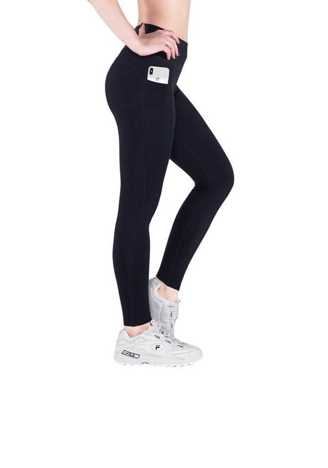 VS Variosports Yogaleggings Damen Yoga Leggings lang, 100% blickdicht, hoher Bund & Handytasche Damen Leggings blickdicht, Recycling Stoff, hoher Bund,4-Wege Stretch