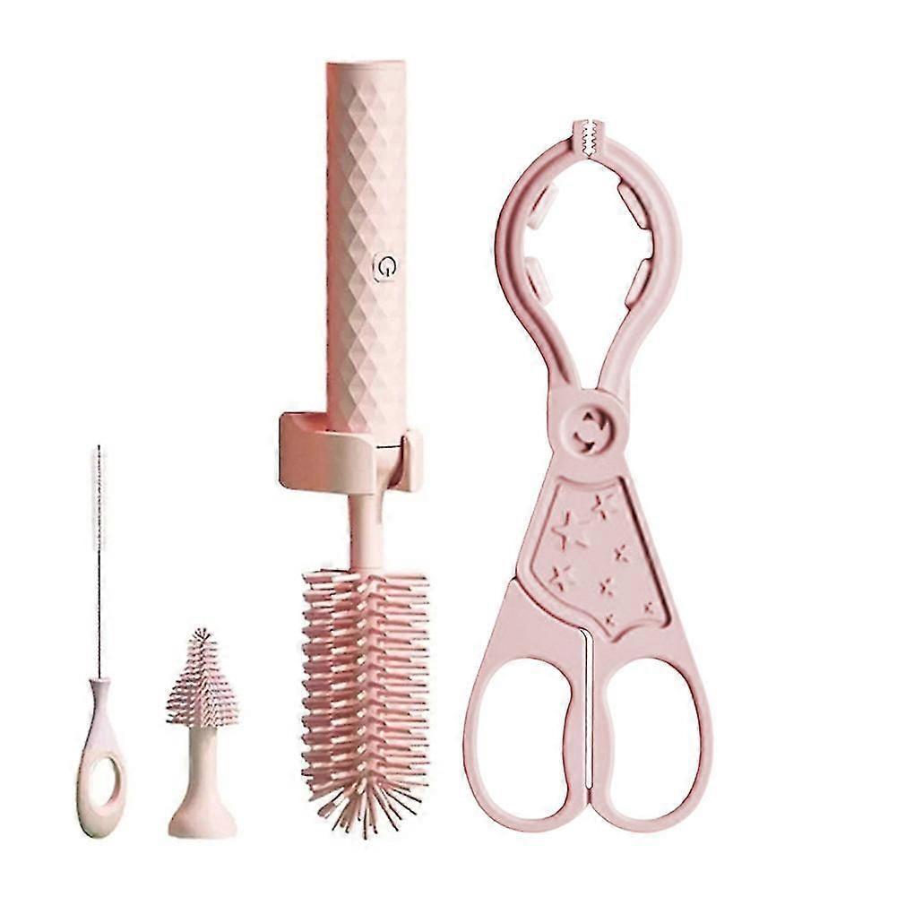 Elektrische Silikon-flaschenbürste, 360° Drehbar, Reinigungsset Für Wasserflaschen-3pcs Set-pink