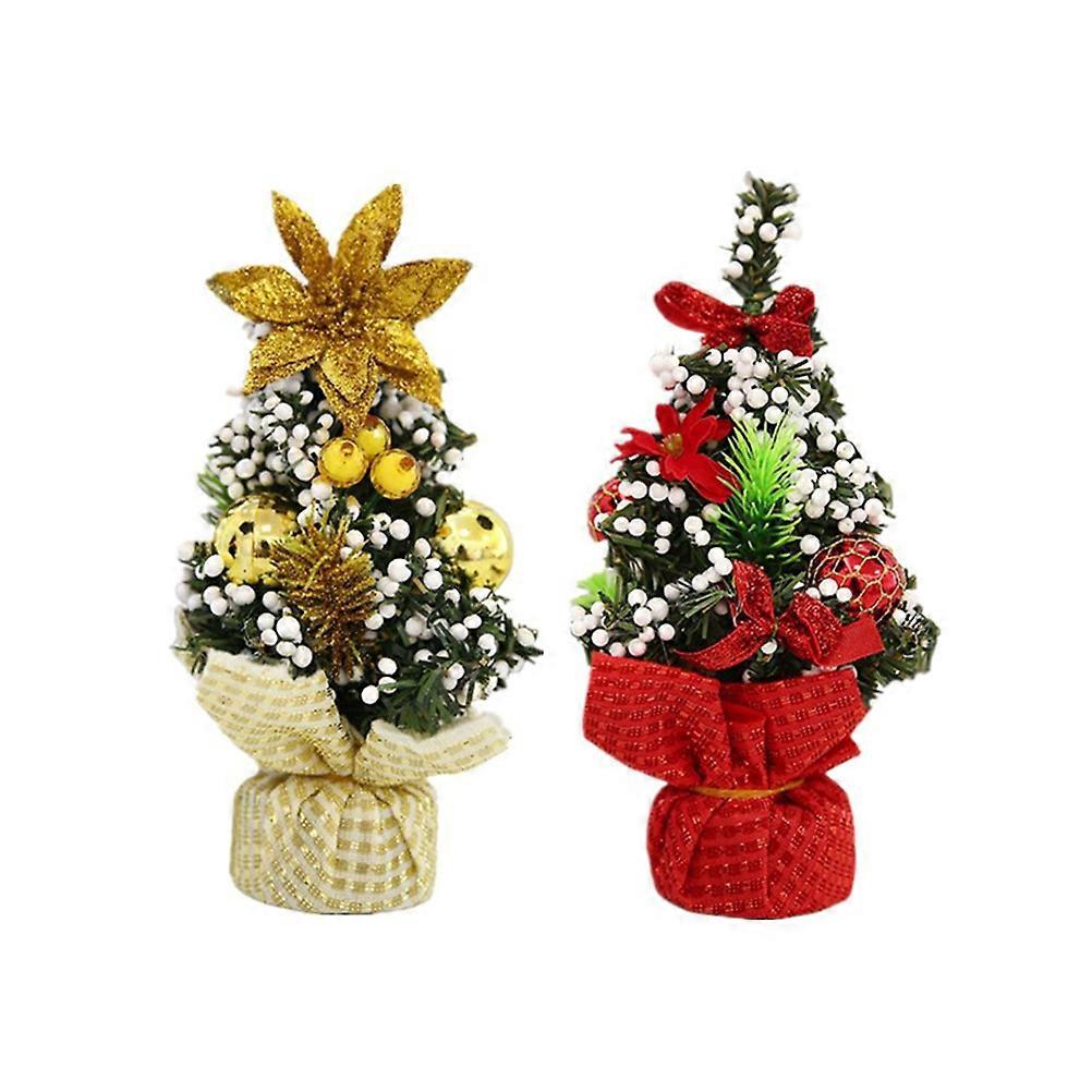 2 Stück Mini-weihnachtsbaum, Neujahrsdekoration Für Schlafzimmer Und Schreibtisch, Kiefernbaumschmuck Für Zuhause, Party, Hotel, Vitrine (golden Und Rot)-21x11x11cm