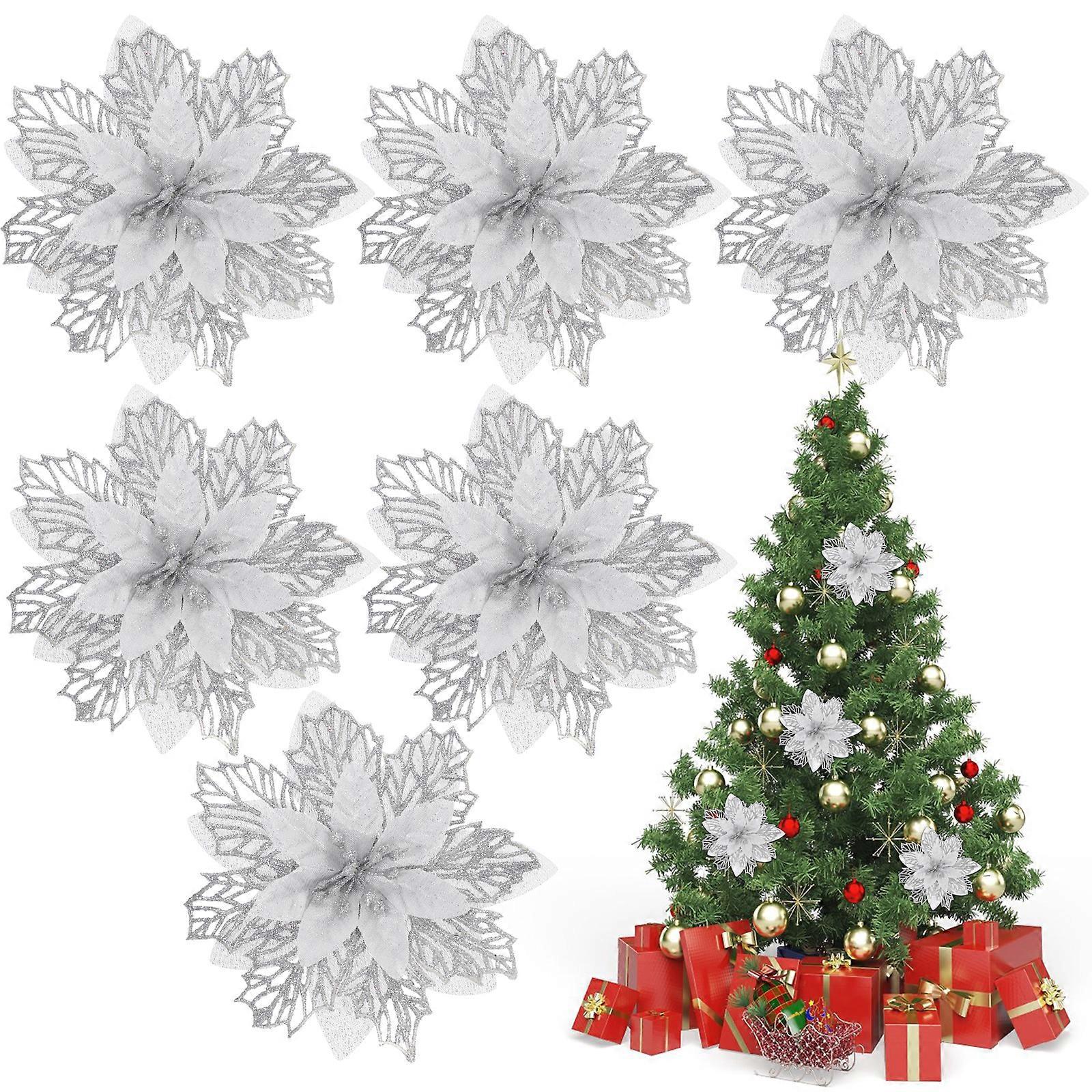 6 Künstliche Weihnachtsbaumblumen Aus Kunststoff-14x14x3cm-silver