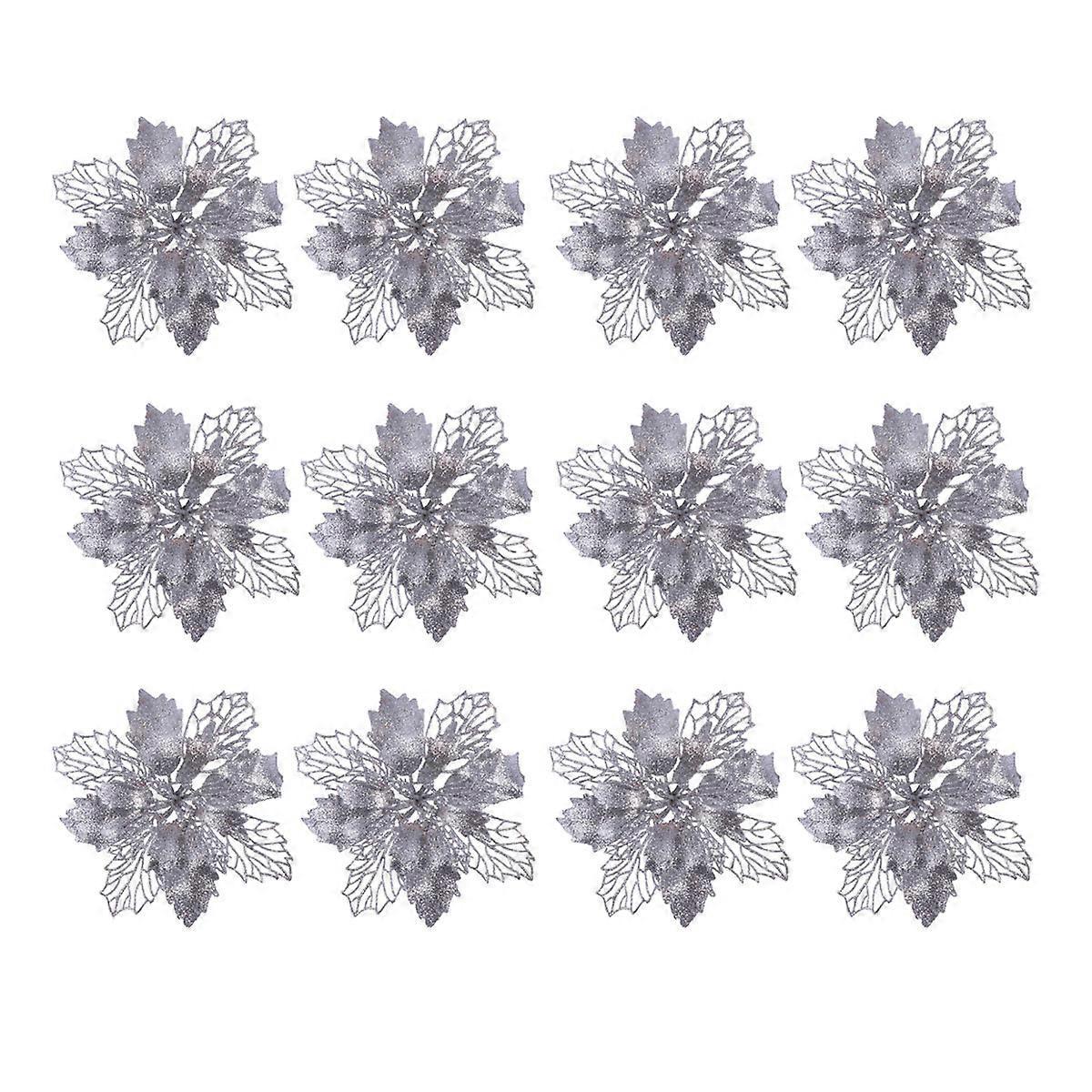 12 Stück Glitzernde Weihnachtssternblüten, Hohle Künstliche Blumen, Weihnachtsbaumschmuck, Anhänger (silber)-14.5x14.5cm-silver