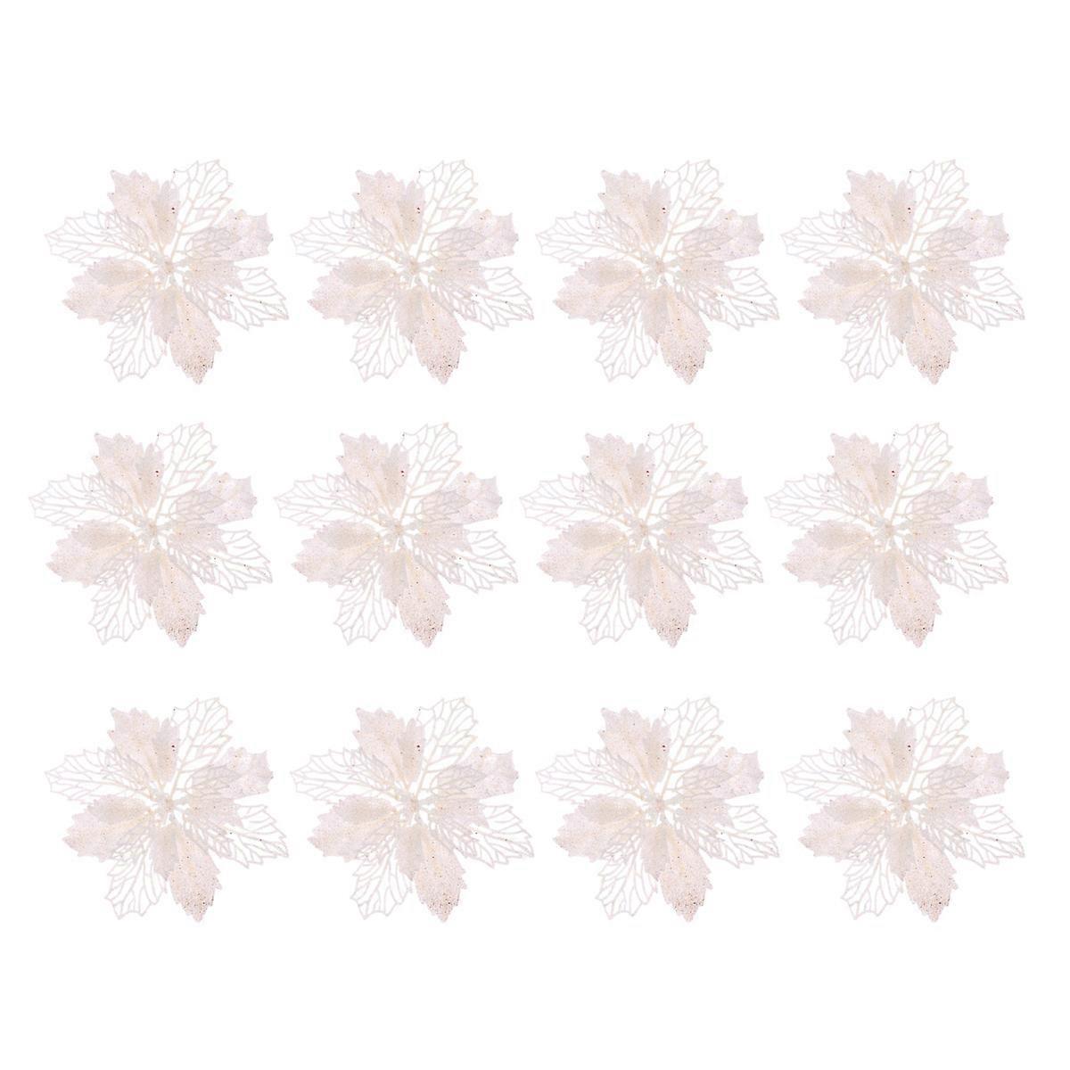 12 Stück Glitzernde Weihnachtssternblüten, Hohle Künstliche Blumen, Weihnachtsbaumschmuck, Hängeanhänger (weiß)-14.5x14.5cm-white