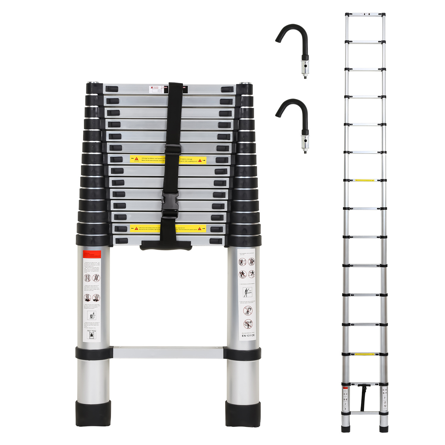 Jiubiaz Aluminium Teleskopleiter 4,4m Silber, Leiter Ausziehbar Mit Abnehmbaren Haken, Klappleiter, Mehrzweckleiter, Stehleiter, Haushaltsleiter, Außenleiter, 150 Kg Belastbarkeit
