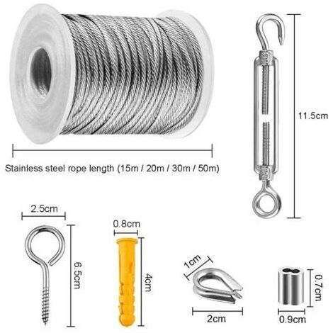30m Kit De Corde Câble En Acier Inoxydable, Cable Métallique, Câble Inox Avec Tendeur Et Crochets Pour Suspension Lumineuse,plante Grimpante,corde A Linge, Rambarde