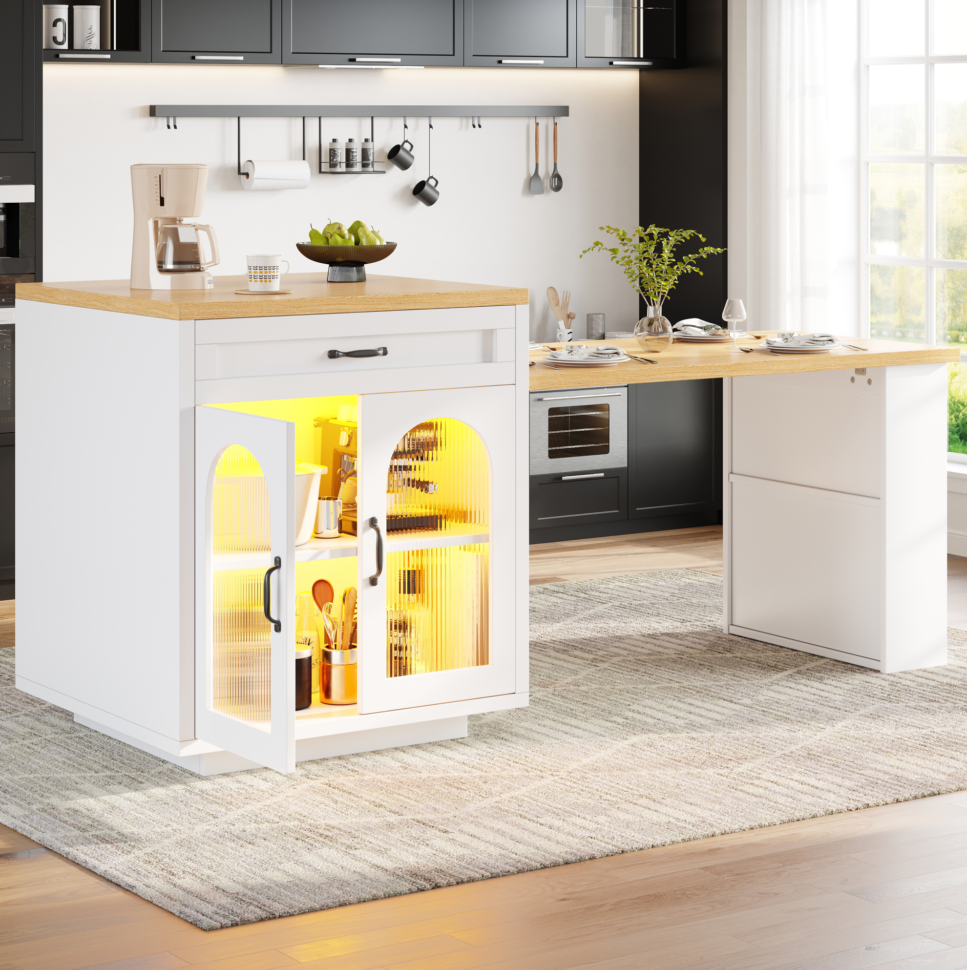 Kücheninsel 126-196x59x94 Cm Weiß Mdf Mit Led-beleuchtung, Ausziehbarer Tischplatte Und Geriffelten Glastüren