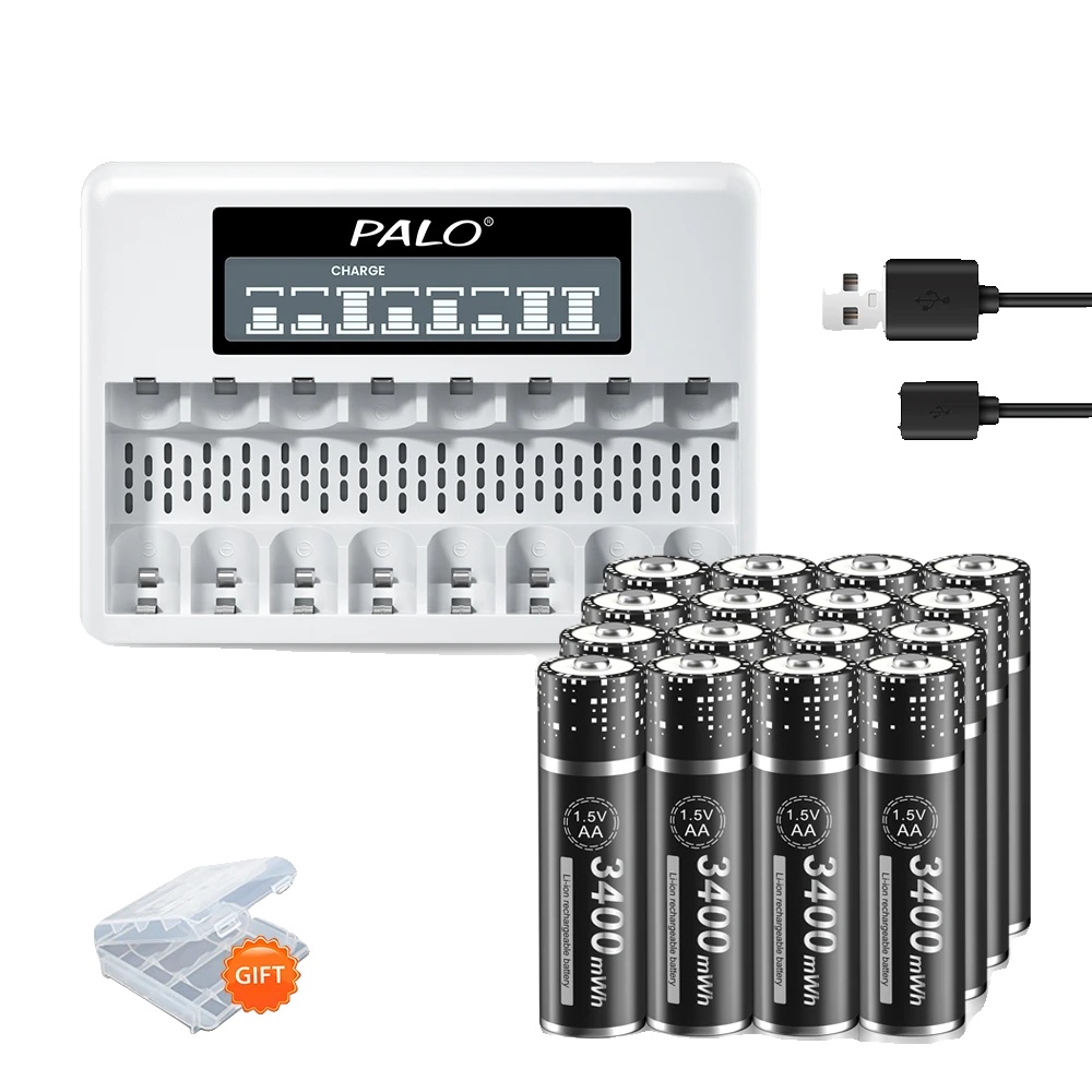 Wiederaufladbarer Akku, 3400 Mwh Kapazität, 8-steckplatz-ladegerät, 16 Aa-batterien, 1 Ladegerät