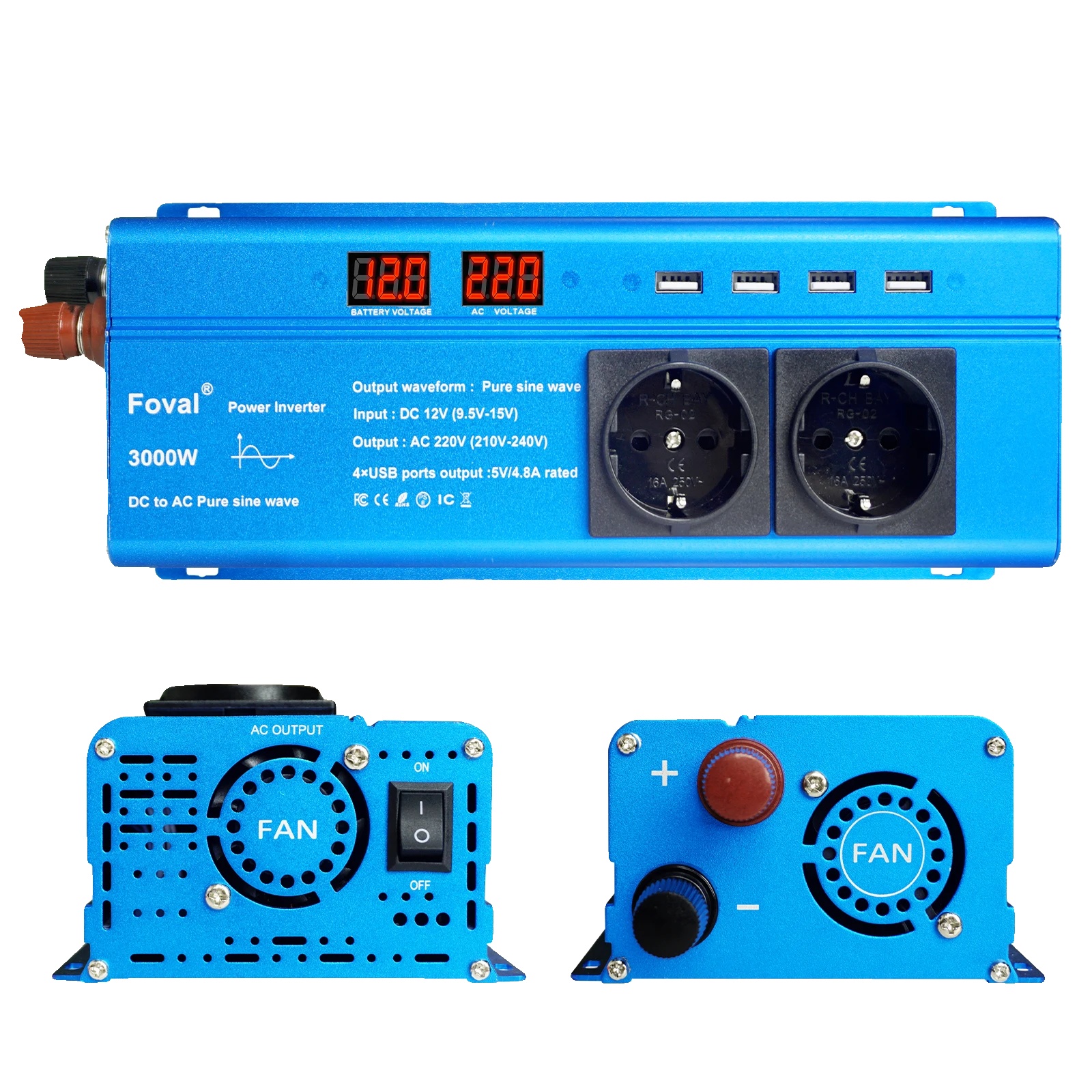12-v-wechselrichter, 2200 W Reine Sinuswellen-ausgangsleistung, Dual-usb-ladegerät