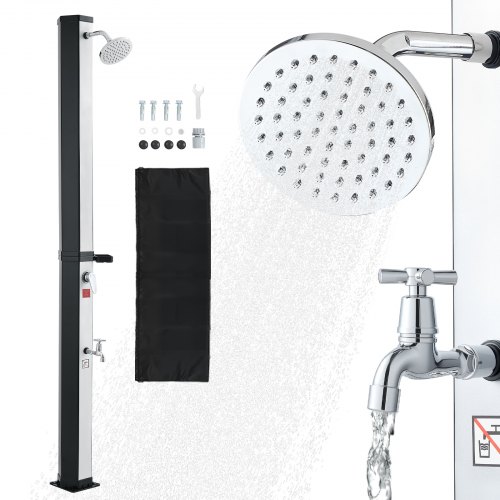 Solardusche 35 L, Gartendusche 2160 Mm, Außendusche Mit Fußarmatur & Seifenablage, Warm- & Kaltwasserregulierung, Max. 60°c, Campingdusche Für Garten, Poolbereich, Strandpool, Schwarz/silber
