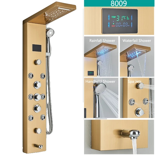 Duscharmatur-set, Regen- Und Handbrause, Digitale Led-temperaturanzeige, Mischbatterie, Gold 8009