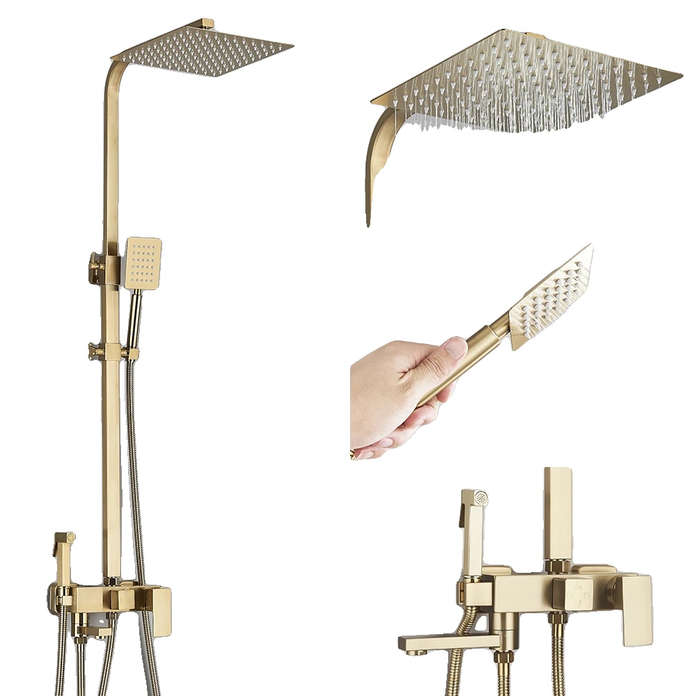 Wandmontiertes Duschset, Regenduschsystem, 12 Zoll, Gebürstetes Gold