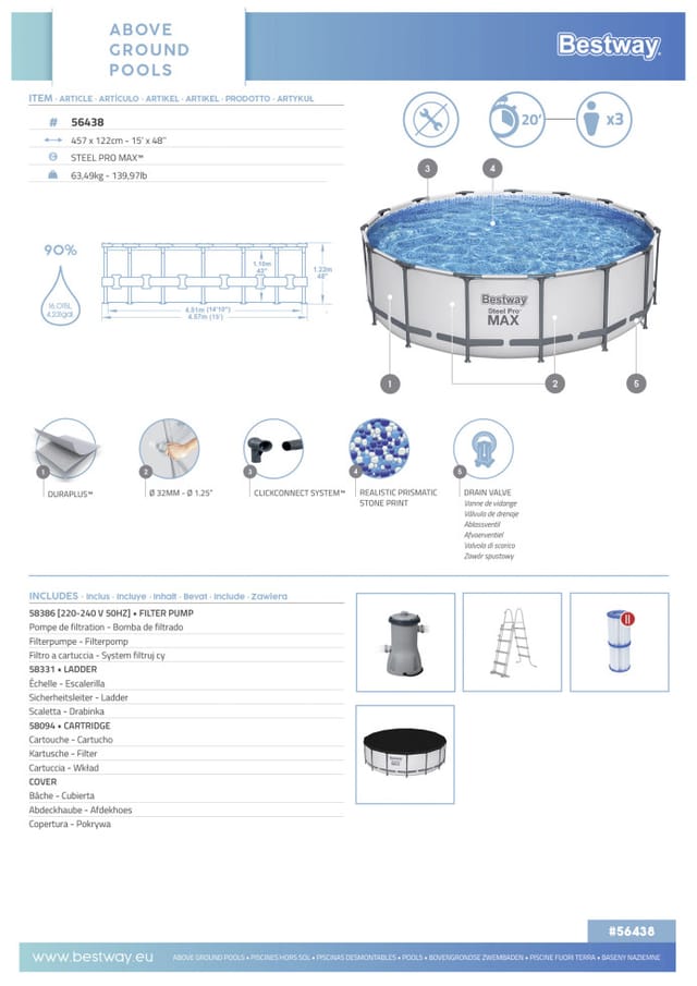 Bestway Steel Pro MAX™ Frame Pool Komplett-Set mit Filterpumpe Ø 457 x 122 cm