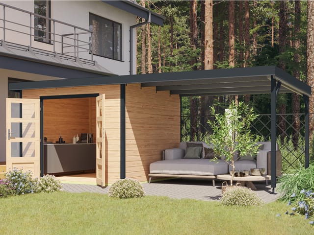 Karibu Gartenhaus Premium Hybrido (mit Anbaudach, Natur/Anthrazit)