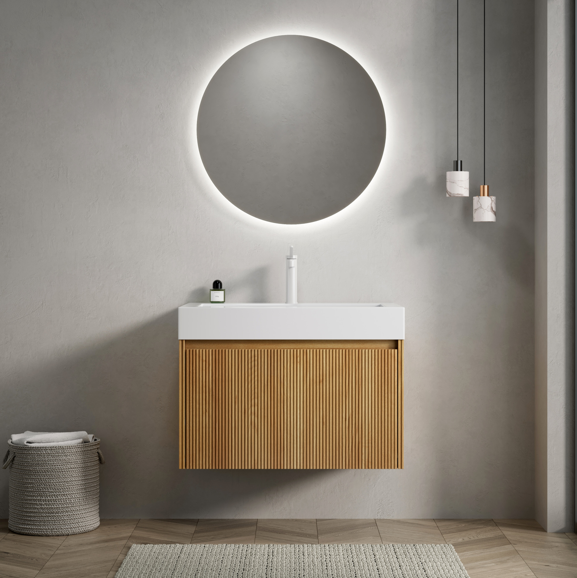 Okwish Wandwaschtisch 70 Cm Mit Integriertem Kunstharzwaschbecken, 1 Schublade, Natur/weiß