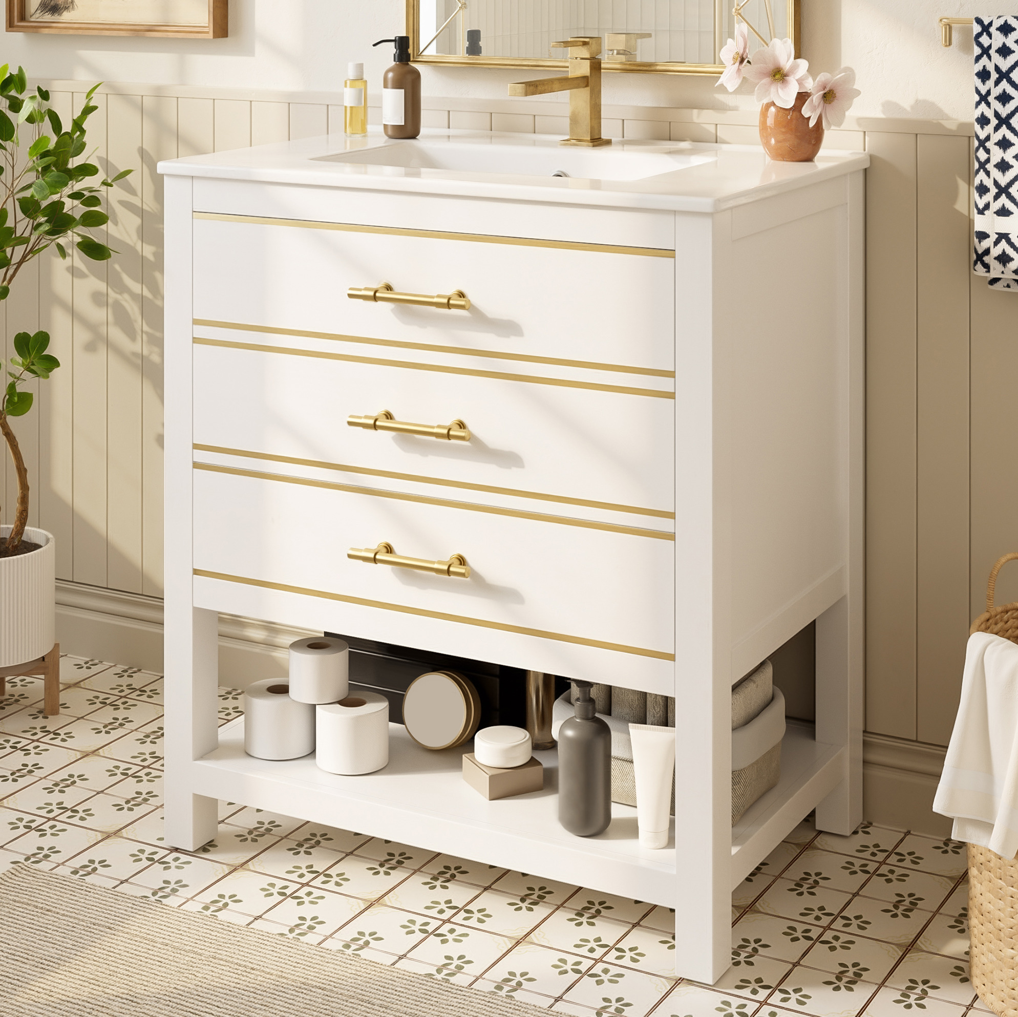 Okwish Badmöbel Mit Weiß-goldenem Keramikwaschbecken, 76 Cm, 2 Schubladen