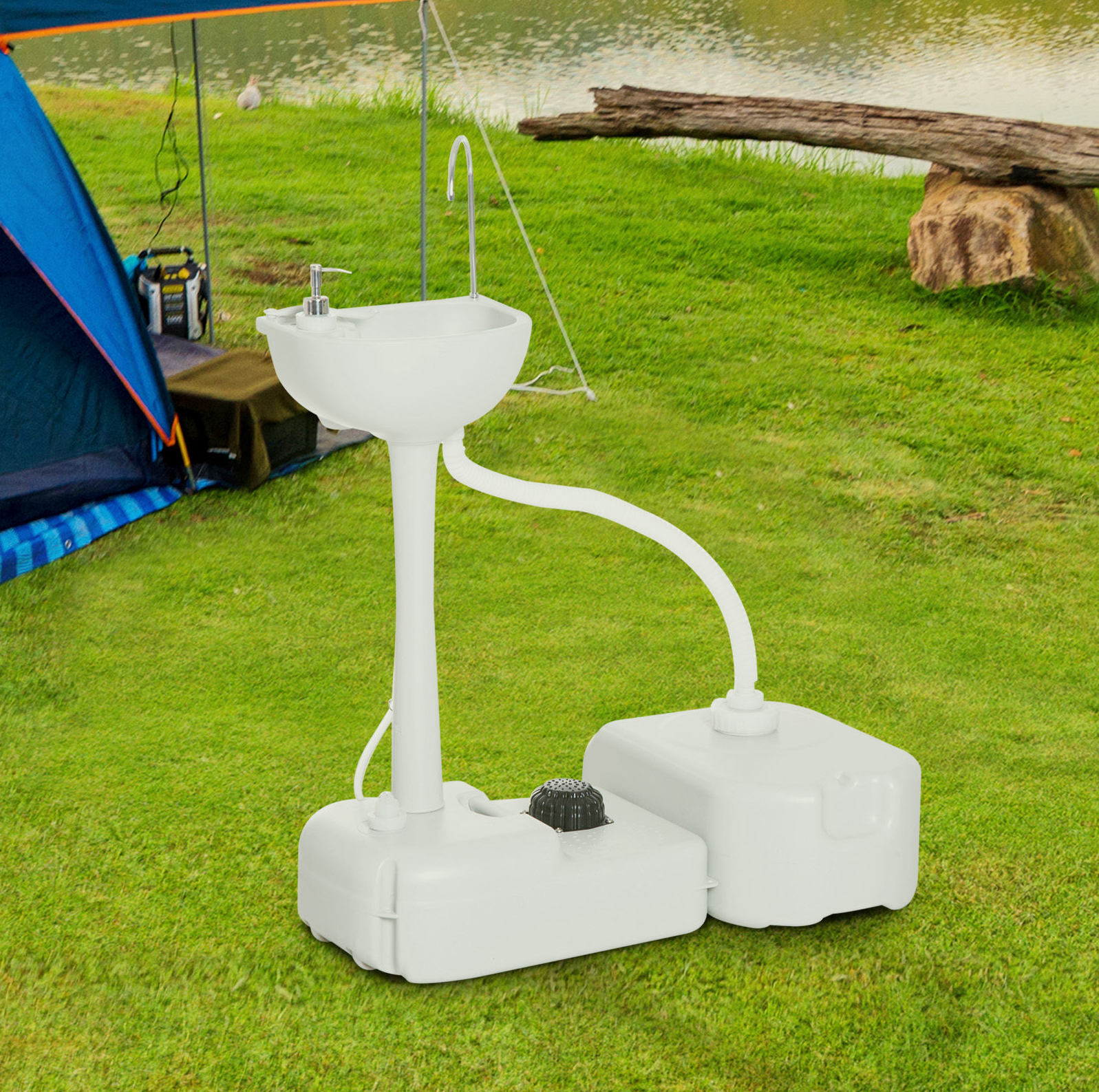 Mobiles Camping-waschbecken 17 L Aus Hellgrauem Hdpe Mit Fußpumpe Und Rollen