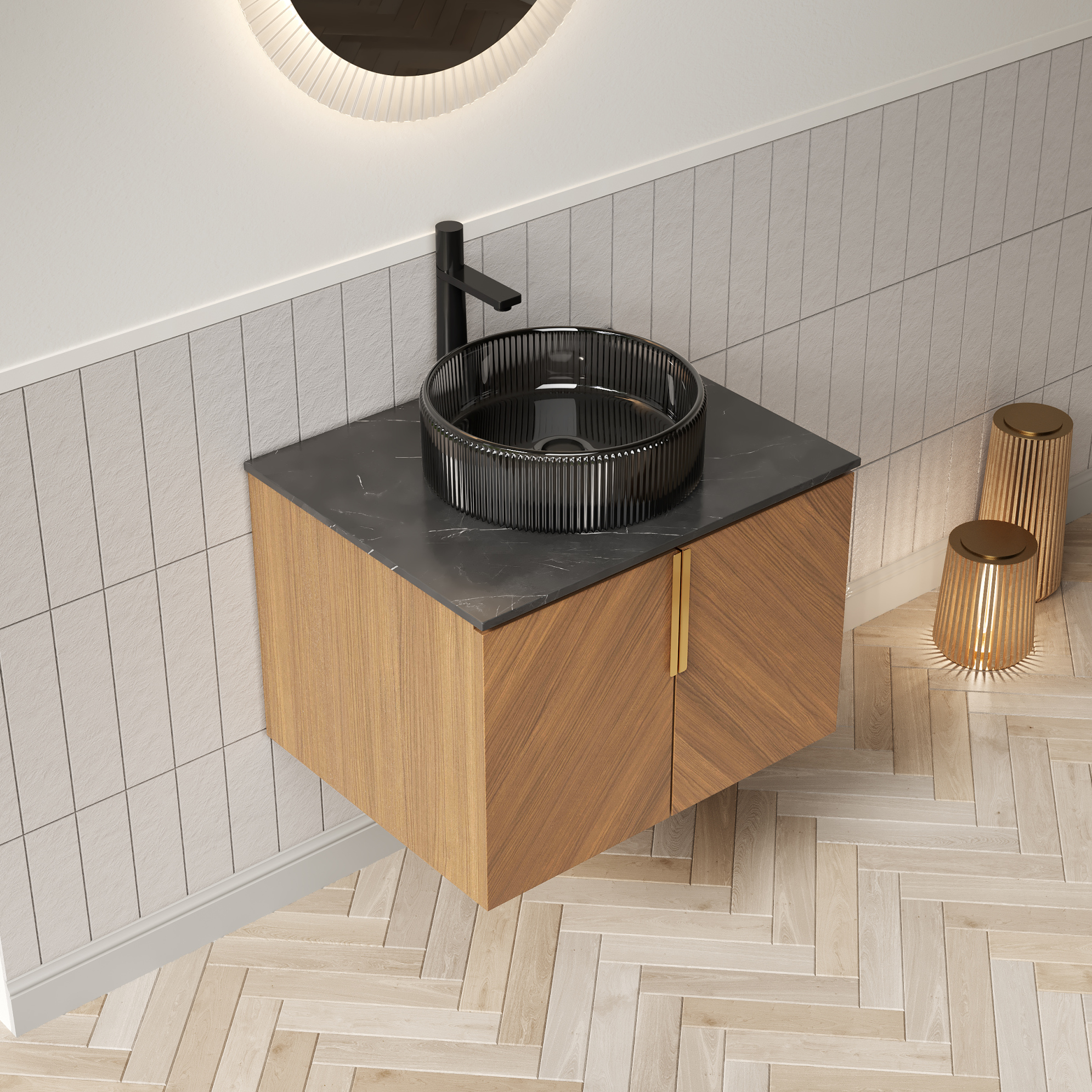 Hängender Badmöbel 61 Cm Mit Schwarzem Glaswaschbecken, Steinplatte Und 2 Türen