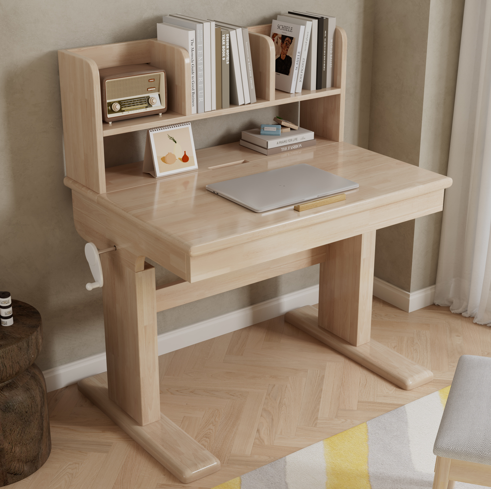 Kinder-schreibtisch Aus Holz, Höhenverstellbar, Neigbare Platte 0–43° Und Stauraum