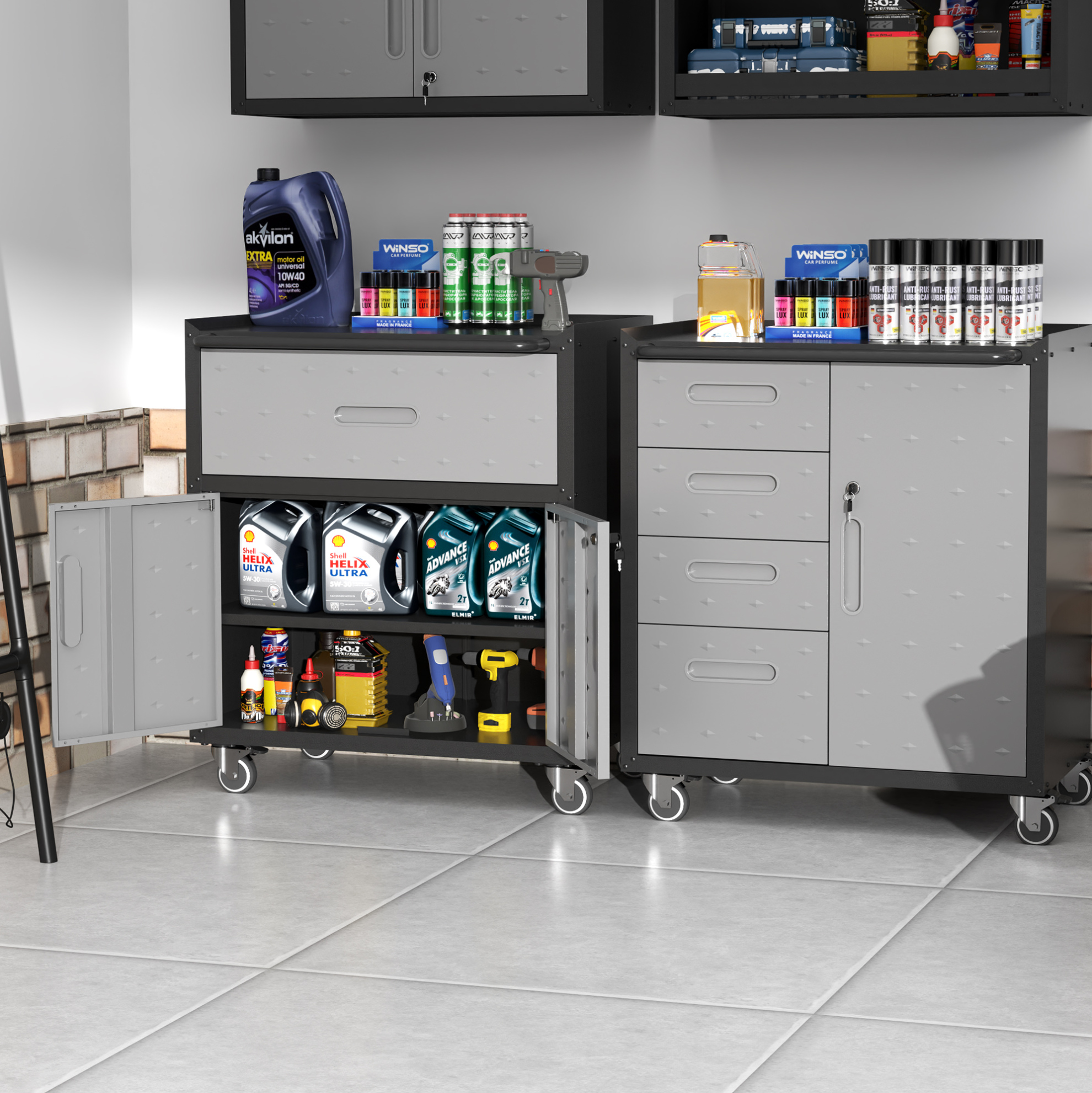 Metall-werkzeugschrank Mit Rollen 75 X 42 X 88 Cm, Schwarz-grau