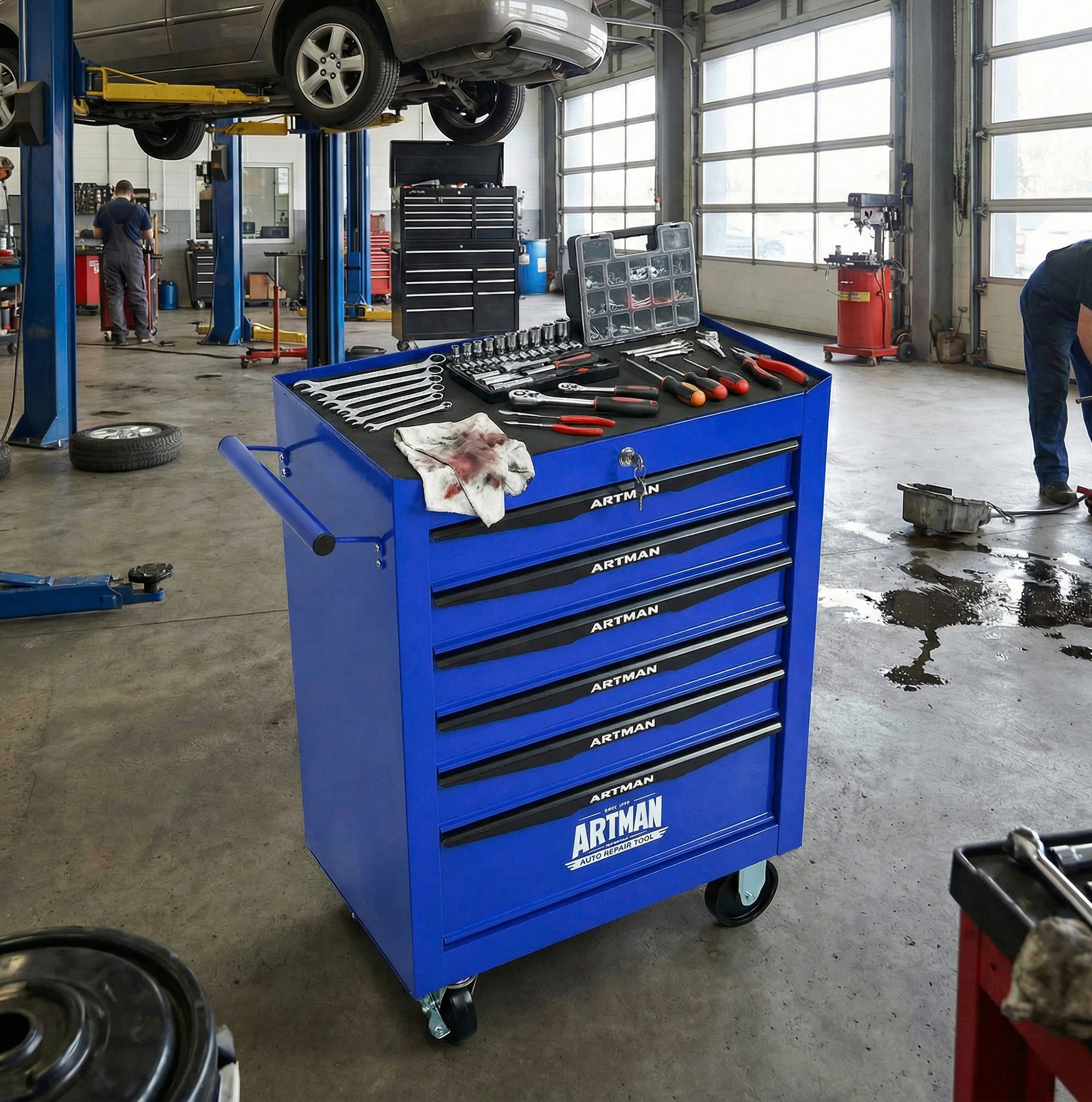 Metall-werkzeugwagen Mit 6 Schubladen Und Rollen 52,5 X 33 X 77,5 Cm Schwarz Blau Okwish