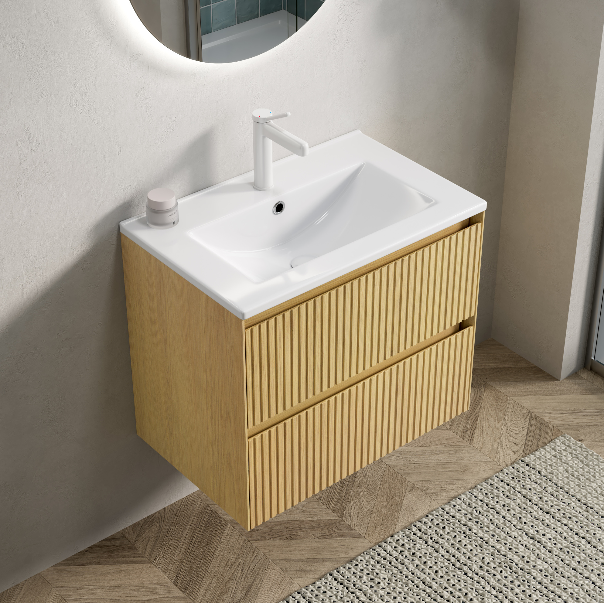 Hängender Badunterschrank 61 Cm Mit Weißem Keramikwaschbecken Und 2 Schubladen