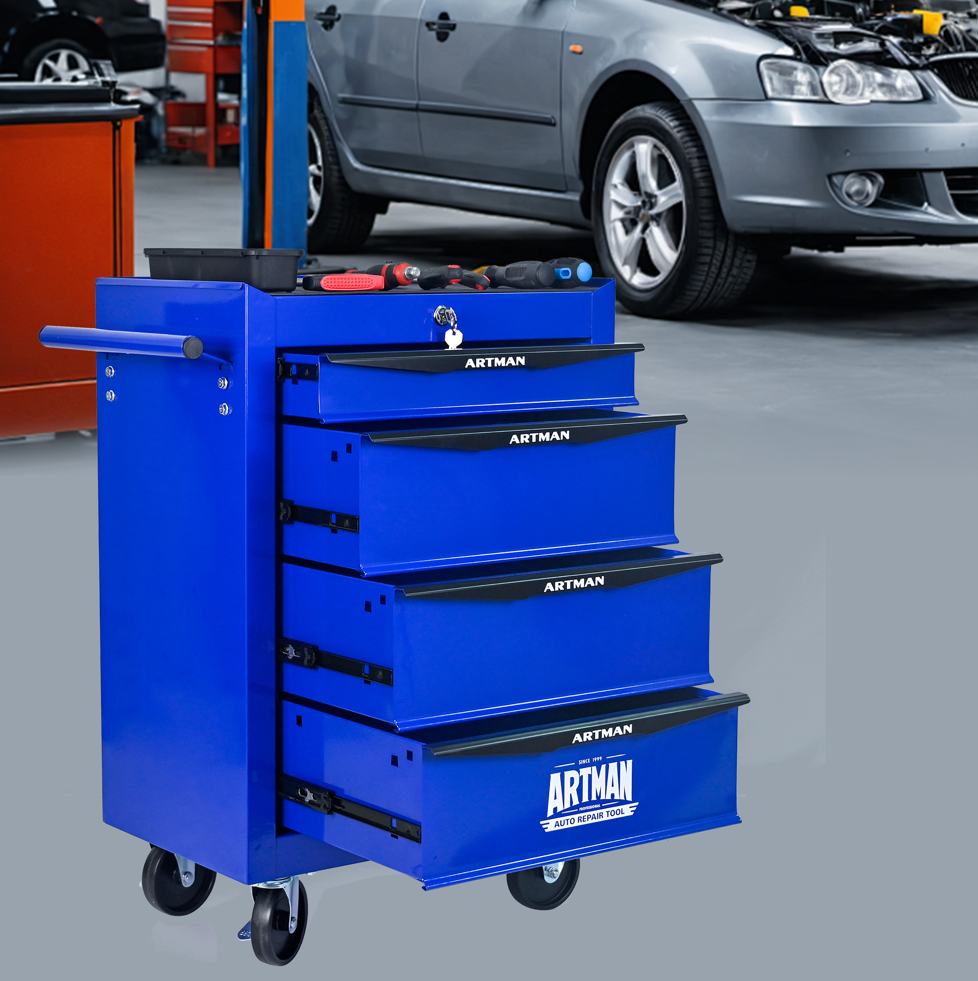 Metall-werkstattwagen Mit 4 Schubladen Und Rollen, 52,5 X 33 X 77,5 Cm, Blauer Stahl