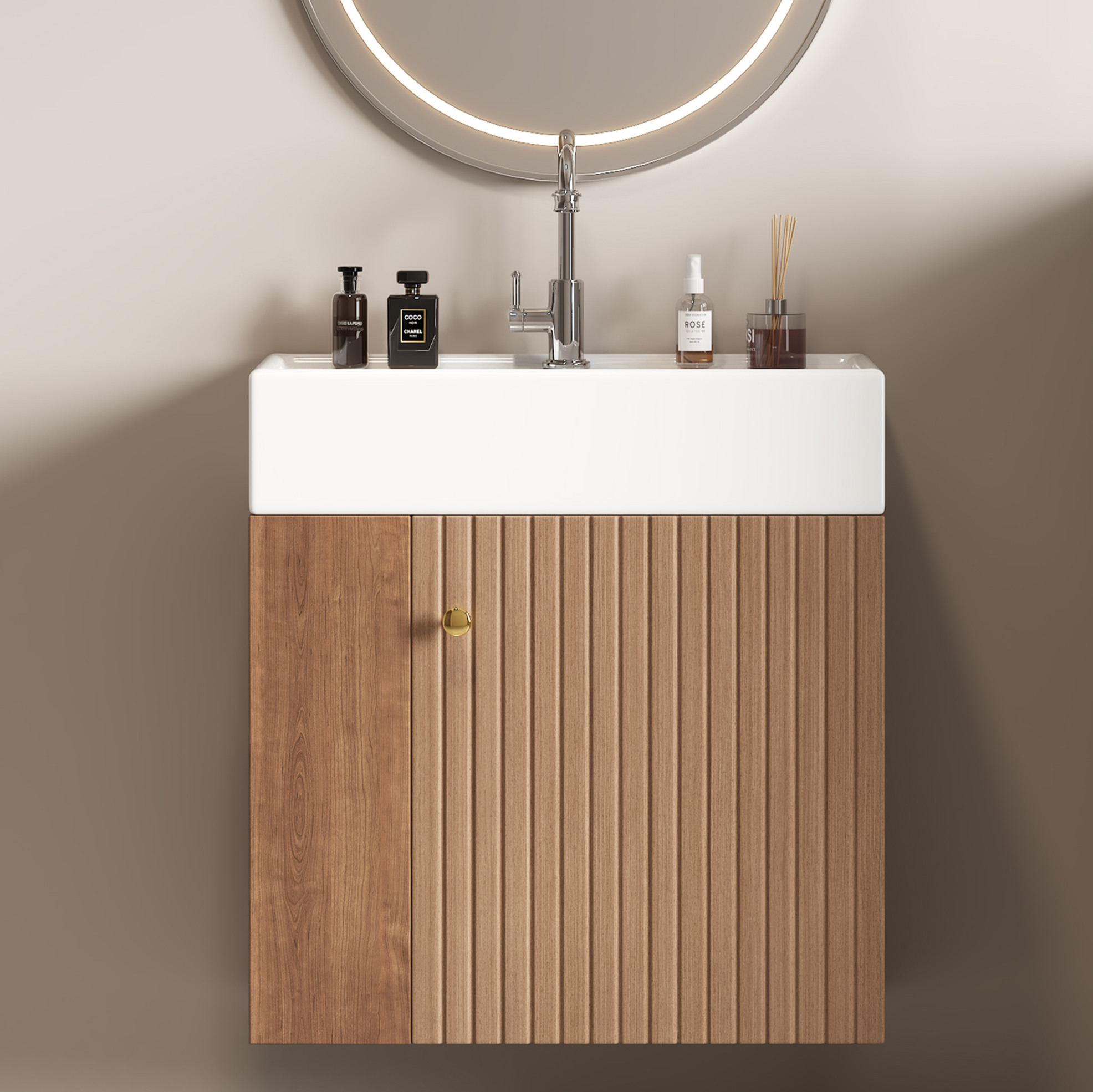 Hängender Badschrank Mit Waschbecken, 55 Cm, Mdf, Braun