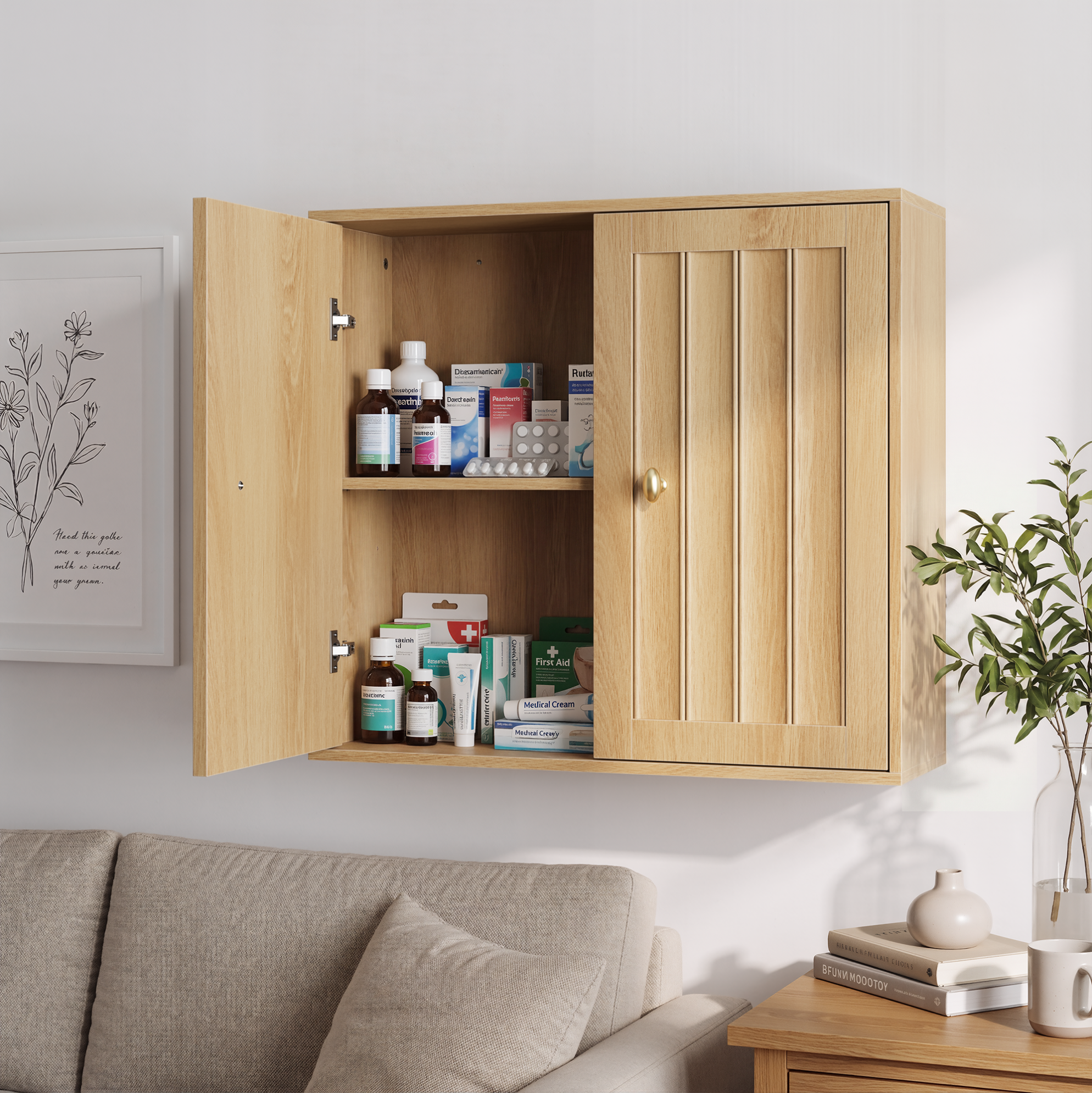 Badezimmerschrank Wandhängend Mit 2 Türen, Vertikalen Rillen, 61,5 X 20 X 56 Cm, Mdf Eiche