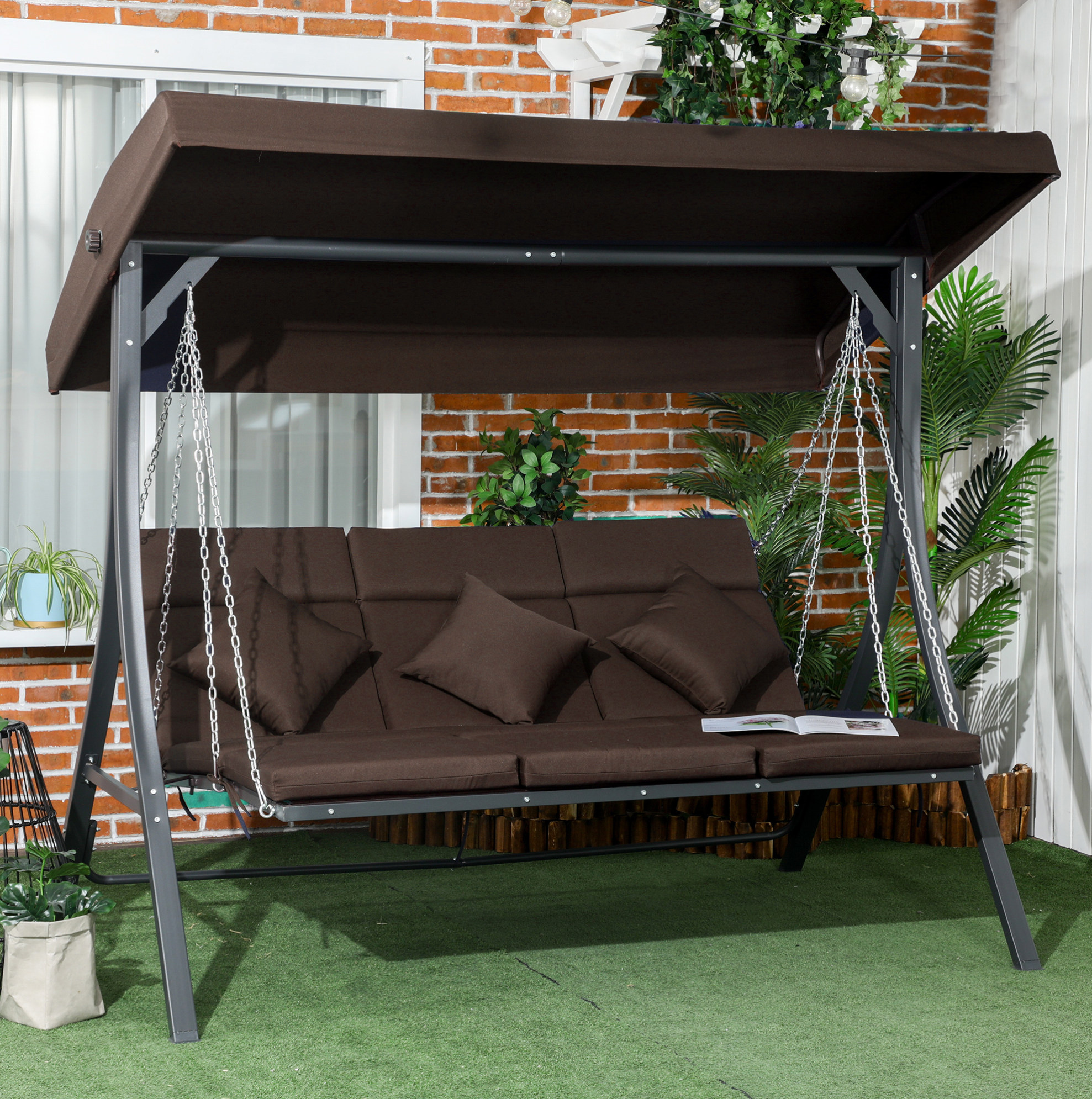 Gartenschaukel Für 3 Personen Mit Verstellbarem Dach, Kissen, Metallgestell, Braun