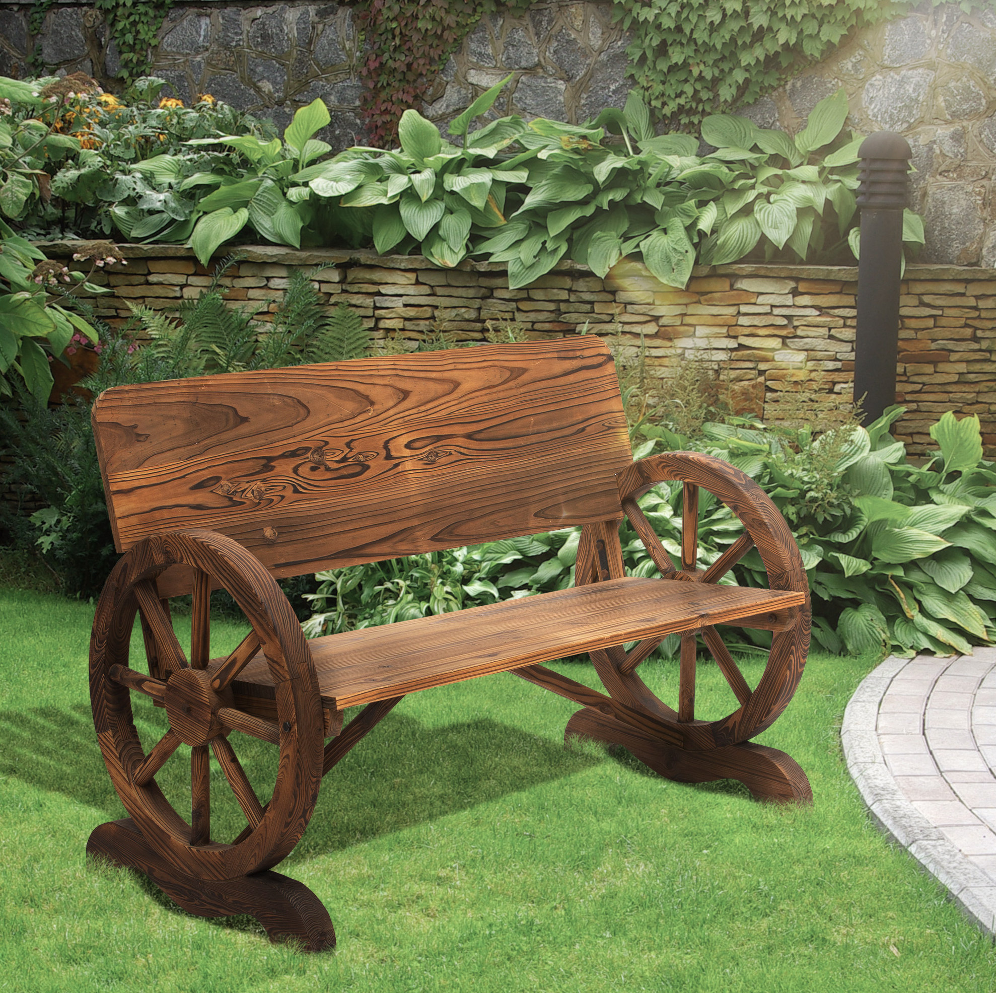 2-sitzer Gartenbank Aus Braunem Holz Mit Armlehnen Im Raddesign, 114 X 58 X 80 Cm
