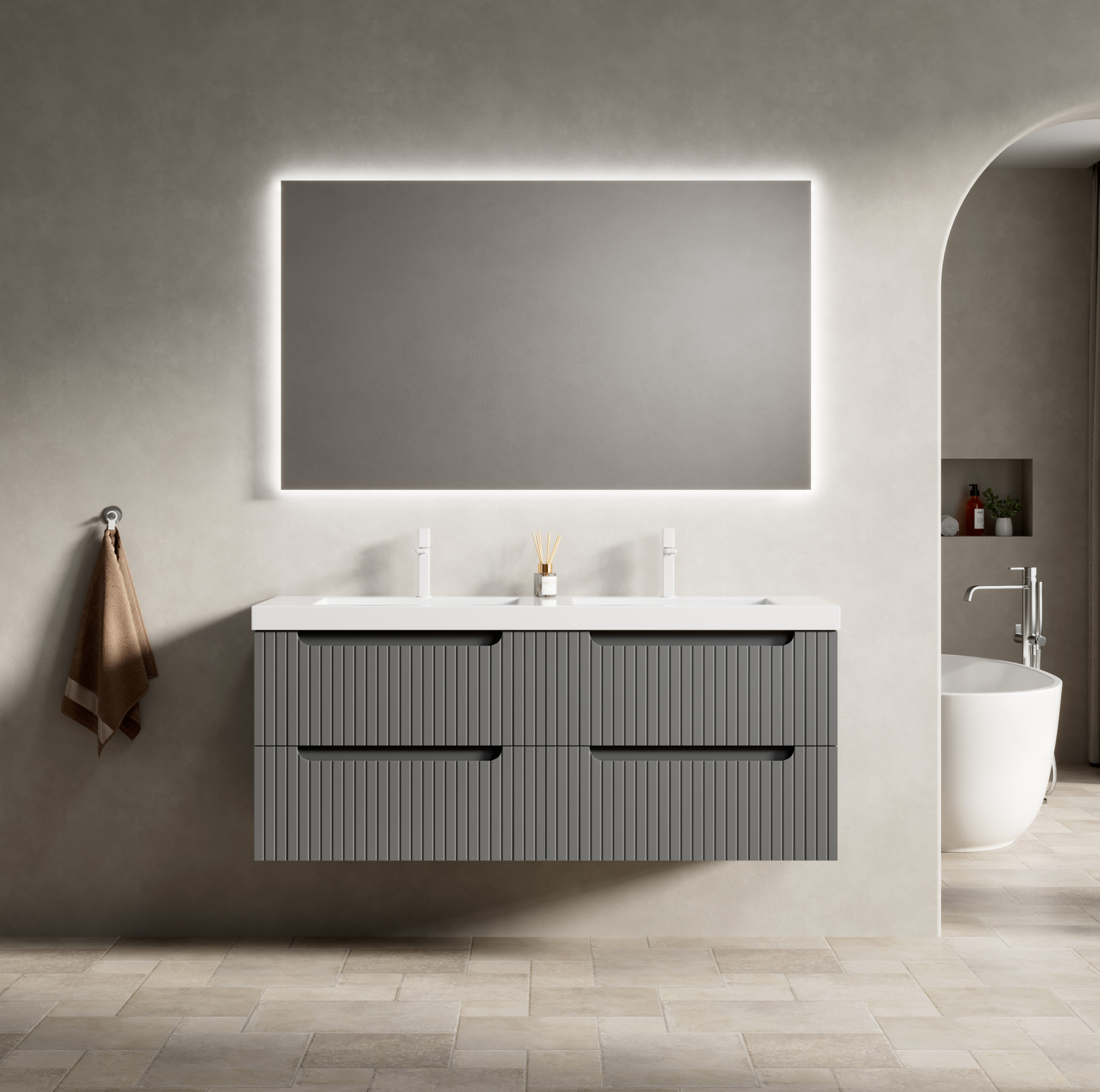 Hängender Badschrank 120 Cm Mit 2 Integrierten Kunstharz-waschbecken Und 4 Dunkelgrauen Schubladen