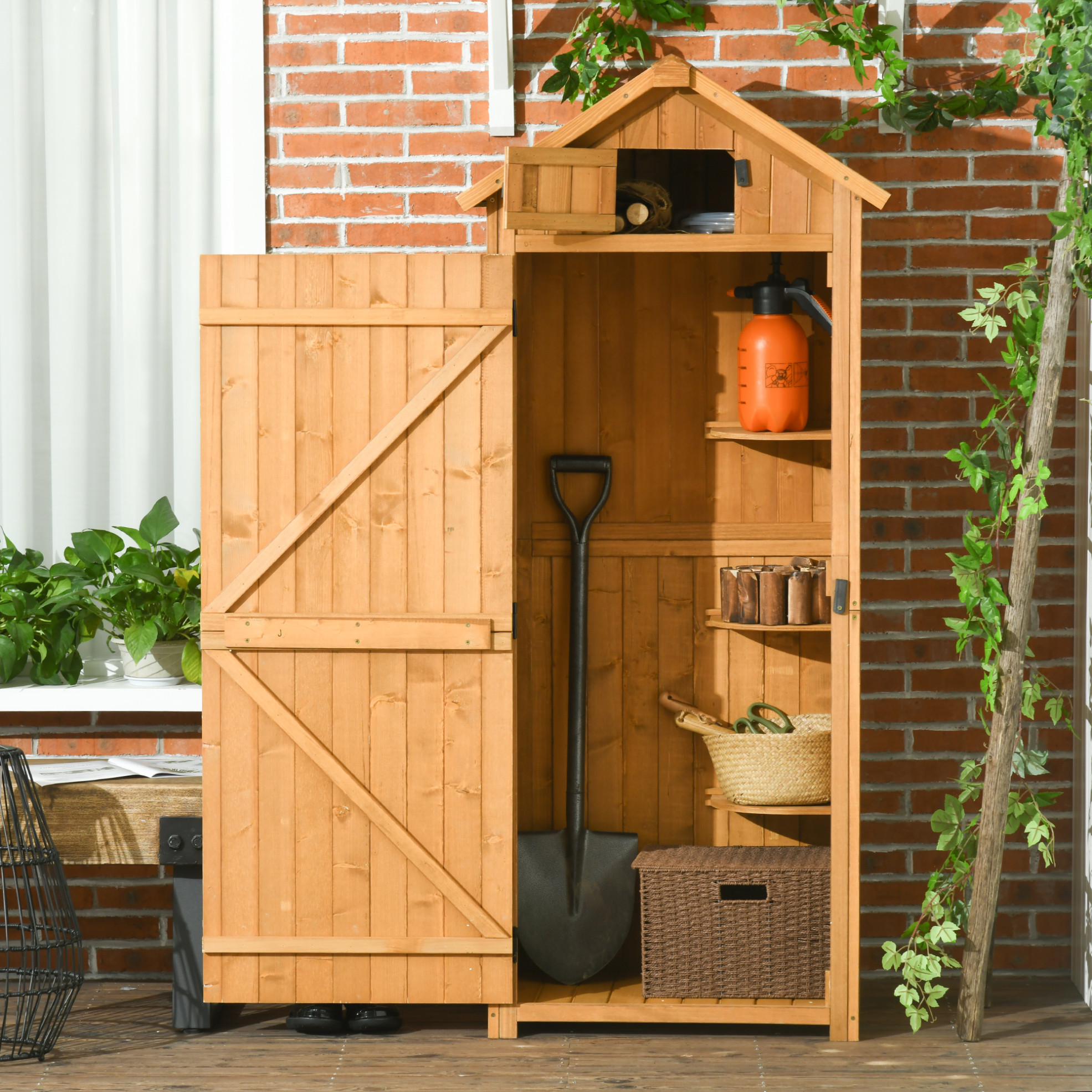 Garten-hochschrank Aus Holz Mit Herausnehmbaren Regalböden Und Wasserdichtem Dach 77x54,2x179 Cm