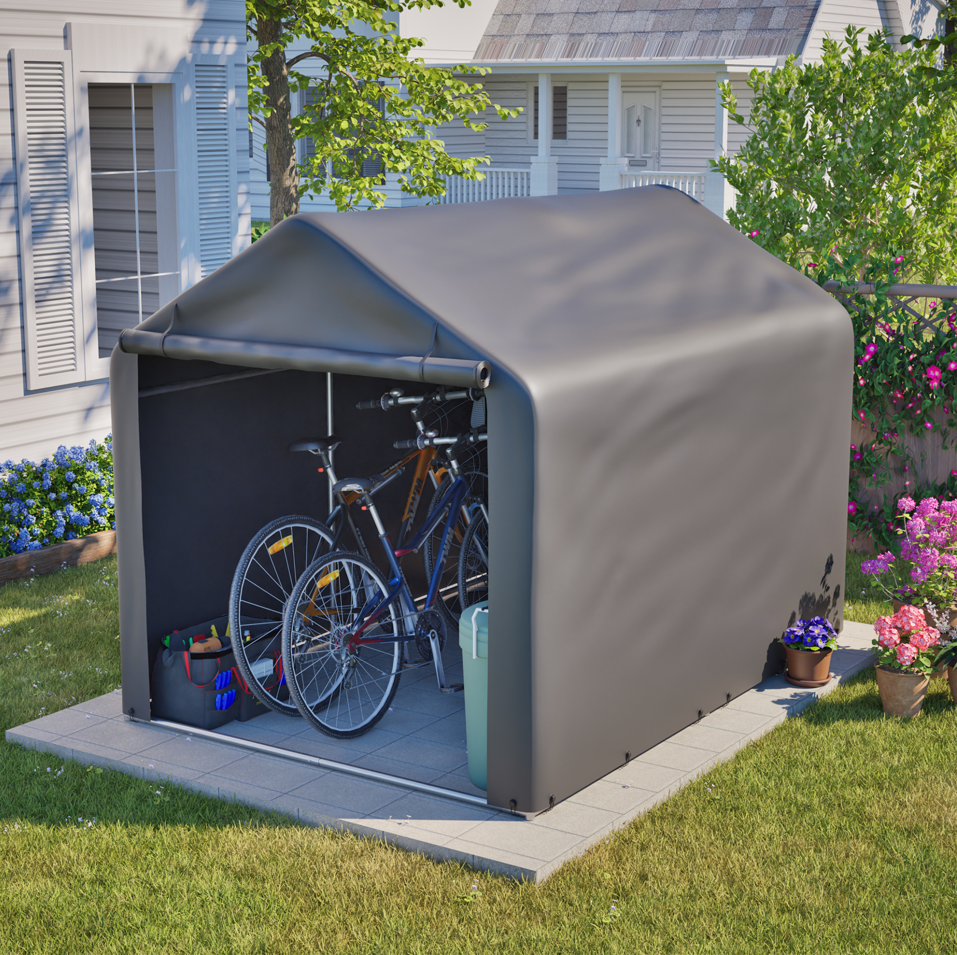 Graue Fahrradgarage 160 X 220 X 165 Cm Mit Rolltür Aus Wasserdichtem Pe