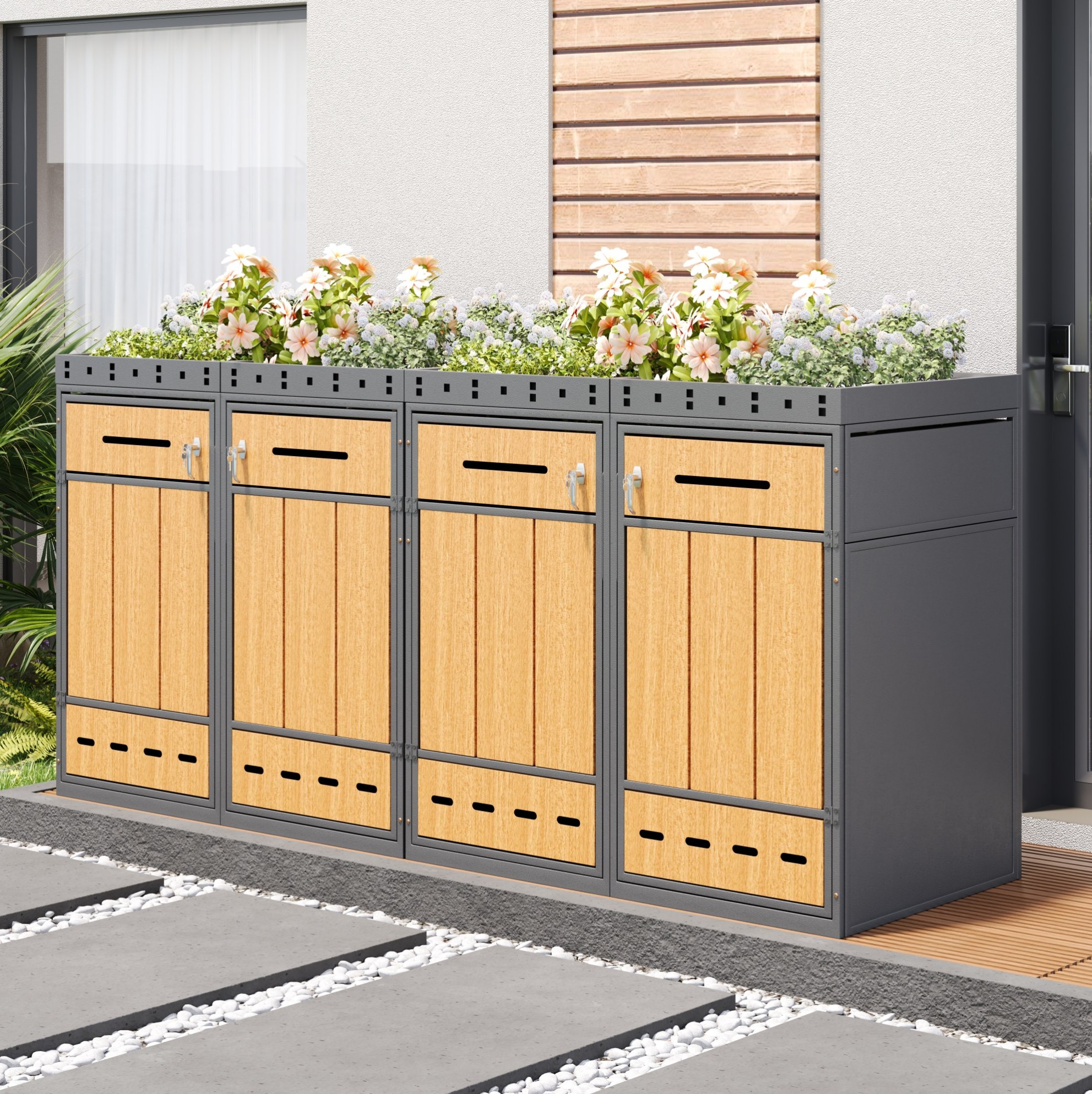 Mülltonnenbox Für 4 Tonnen 120–240 L Mit Pflanzkasten, Stahl Grau, Holzoptik, Okwish