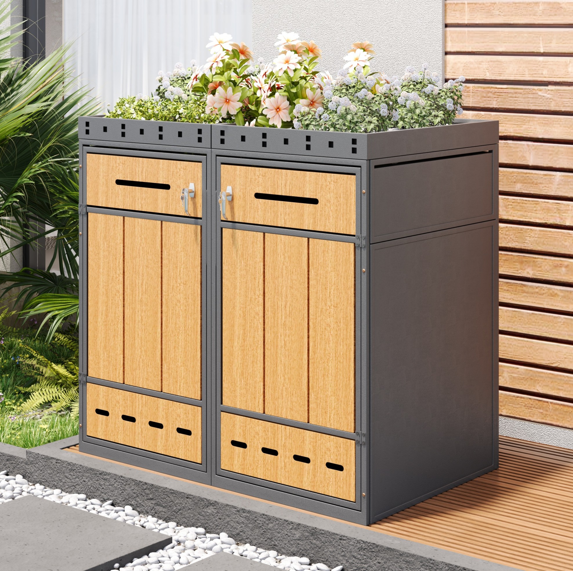 Mülltonnenbox Für 2 Tonnen Mit Pflanzdach 120-240 L, Stahl Grau In Holzoptik, Okwish