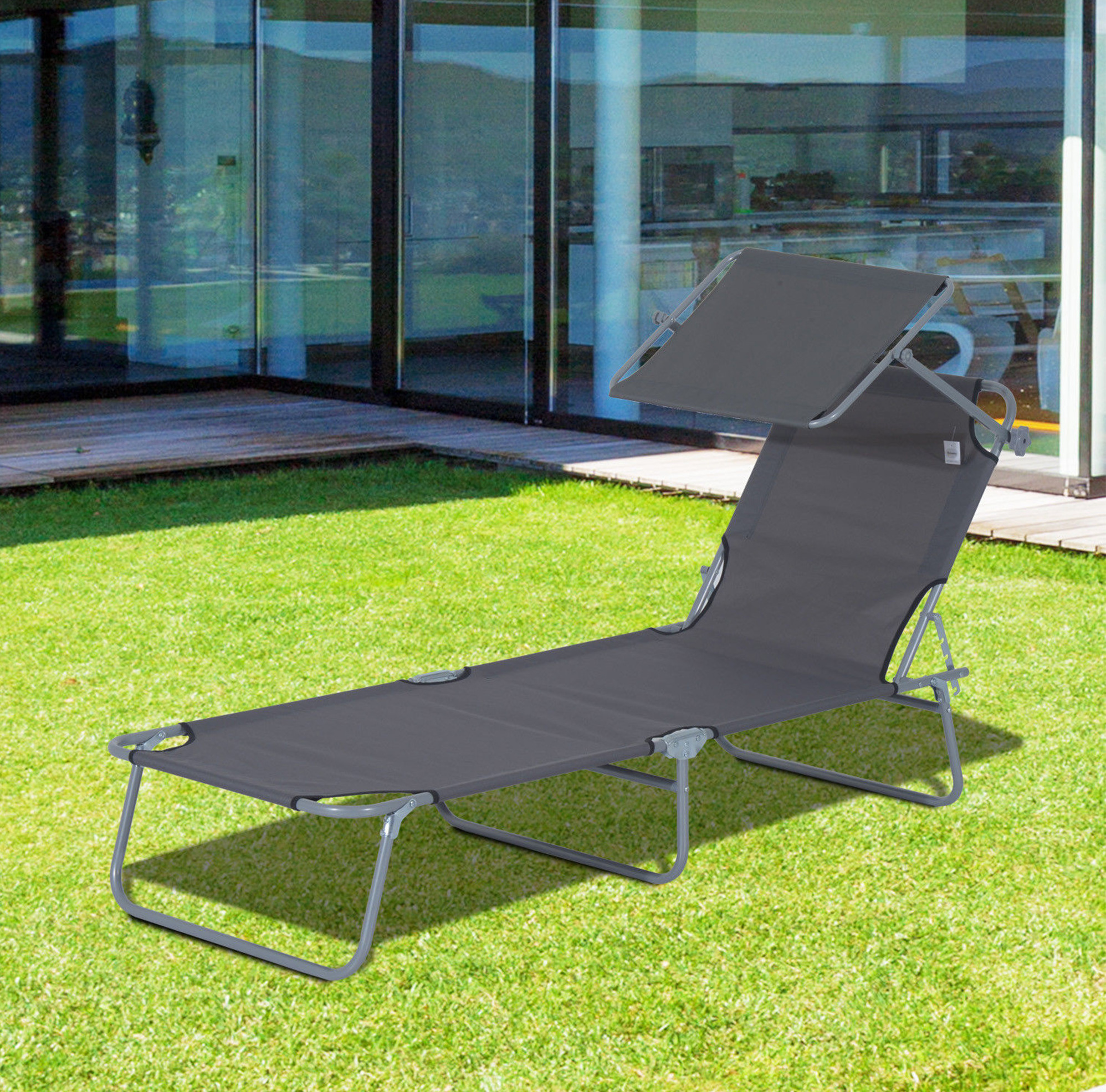 Klappbare Garten-sonnenliege Mit Sonnendach, Grau, 187 X 58 X 36 Cm