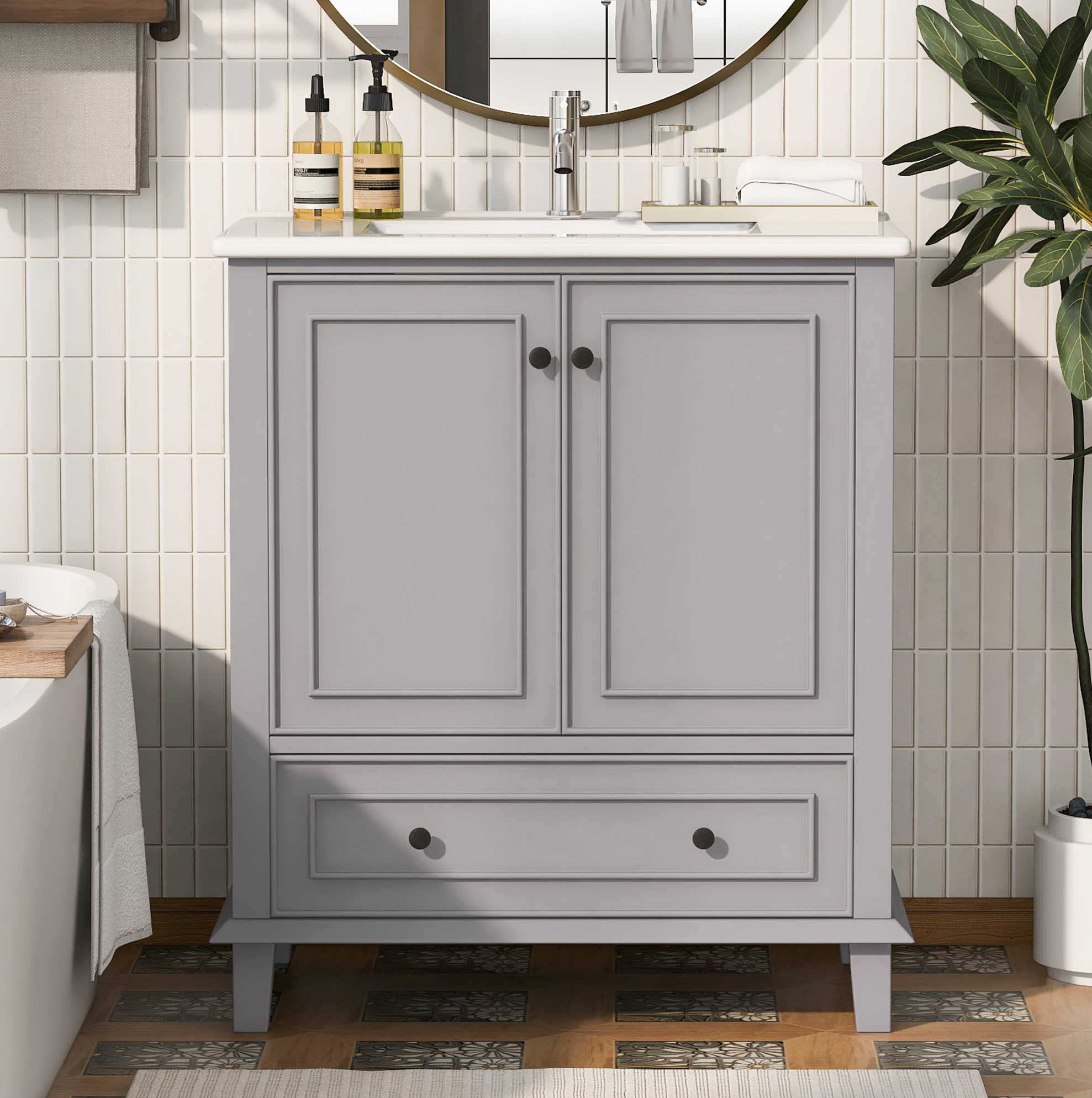 Badwaschbeckenunterschrank 76 X 46 X 87 Cm Grau, 2 Türen, 1 Schublade, Keramikbecken