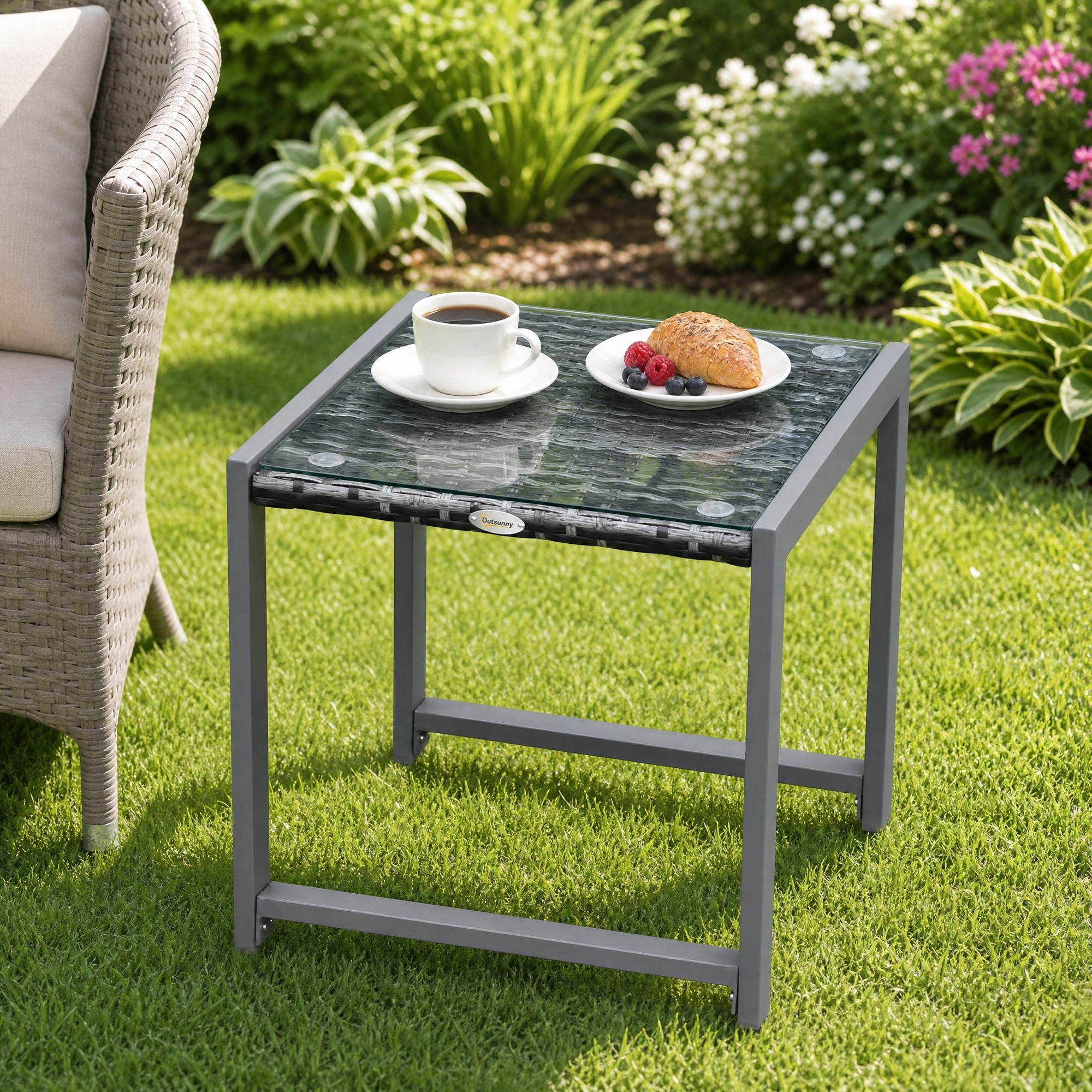 Quadratischer Garten-beistelltisch Aus Polyrattan Mit Sicherheitsglas Und Aluminium, Grau