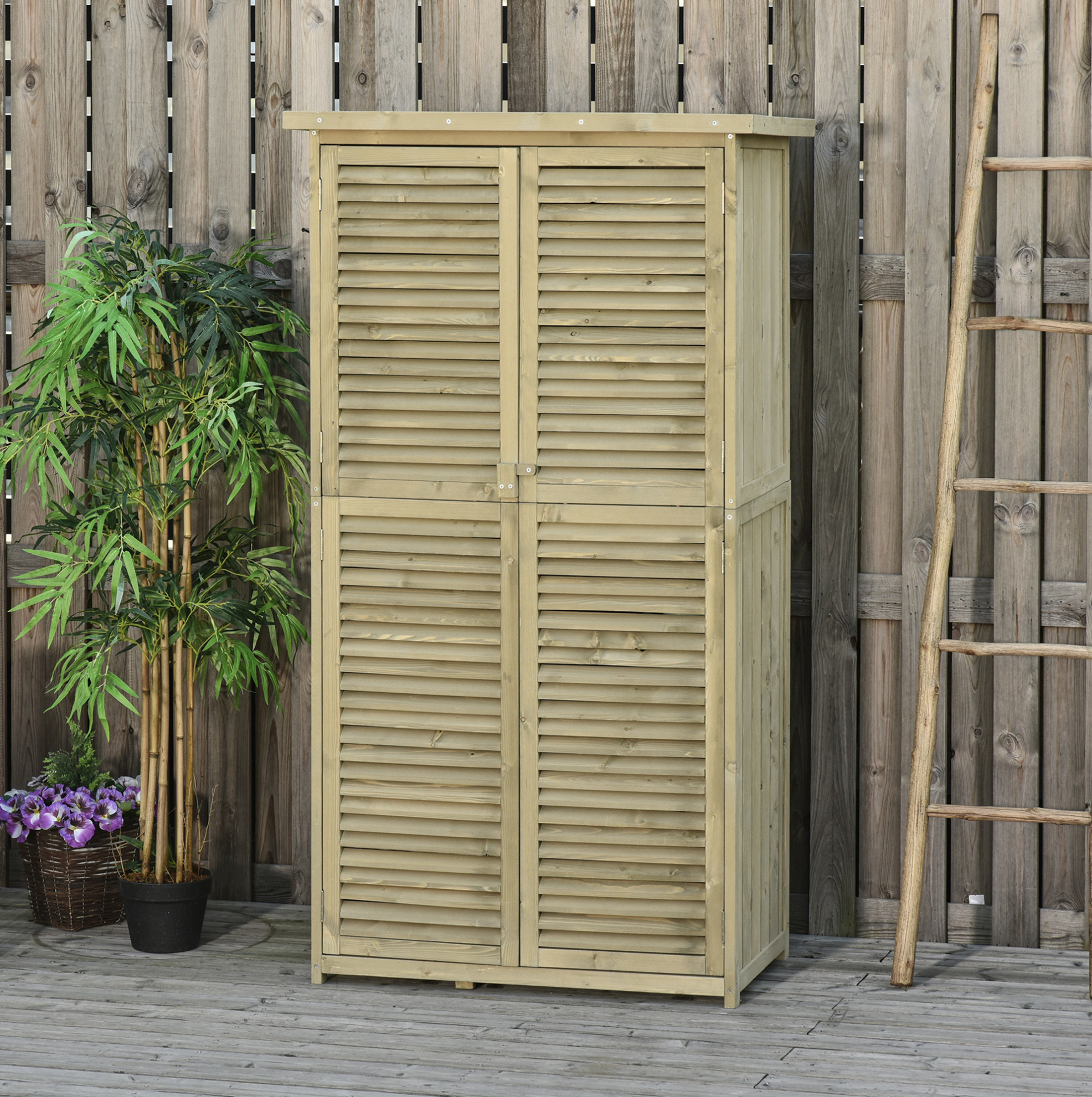 Okwish Gartenwerkzeugschrank Aus Holz Mit Asphaltdach Und Lamellentüren, Grau, 87 X 46,5 X 160 Cm