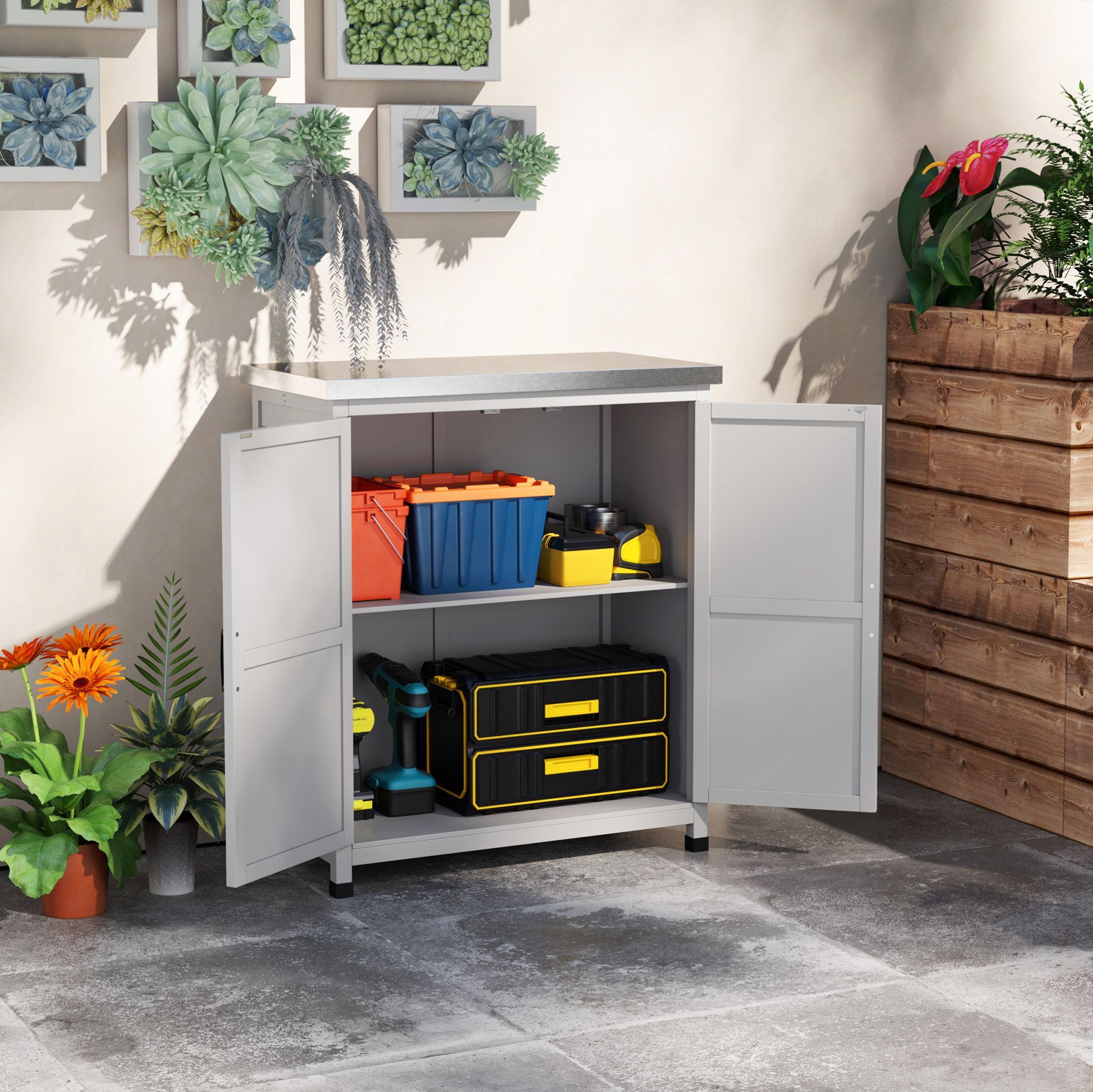 Grauer Gartenholzschrank Mit Verzinkter Arbeitsplatte, 79 X 43 X 92 Cm