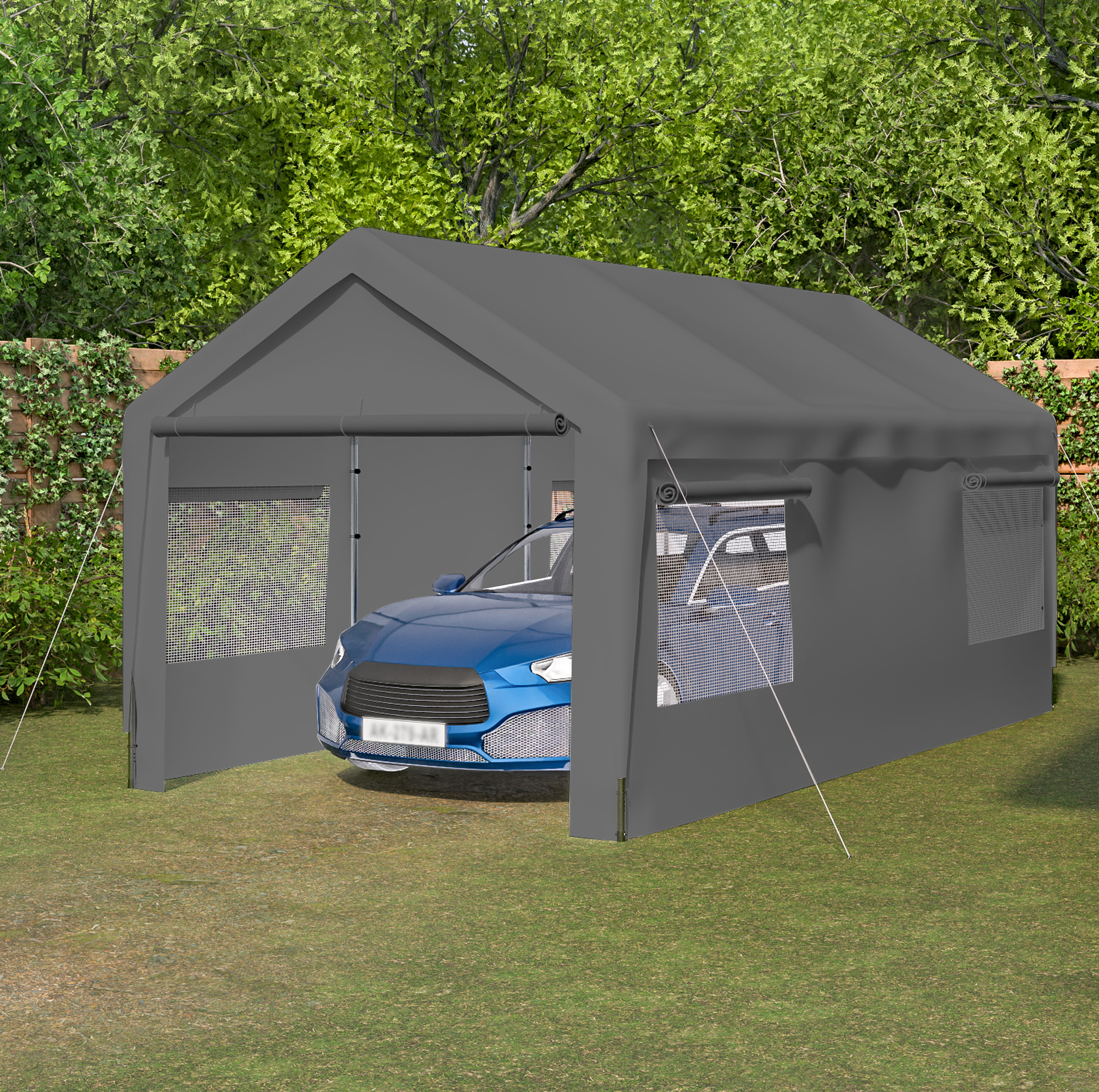 Garagezelt Für Auto 592,84 X 310,9 X 276,75 Cm Grau Metall Mit Rollfenstern