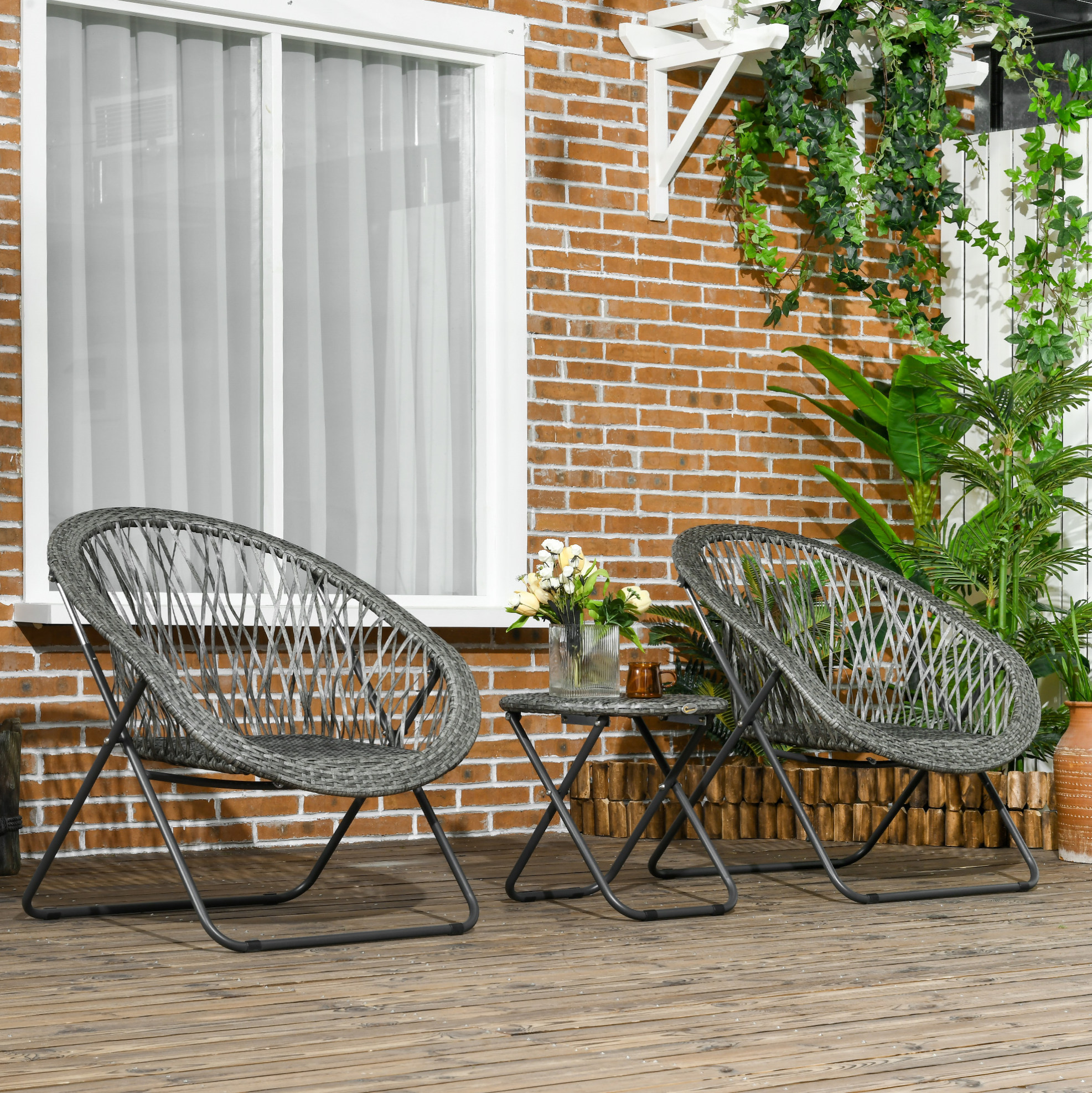 Okwish Klappbares 3-teiliges Gartenset Mit Rundtisch Und 2 Stühlen, Stahl, Grau