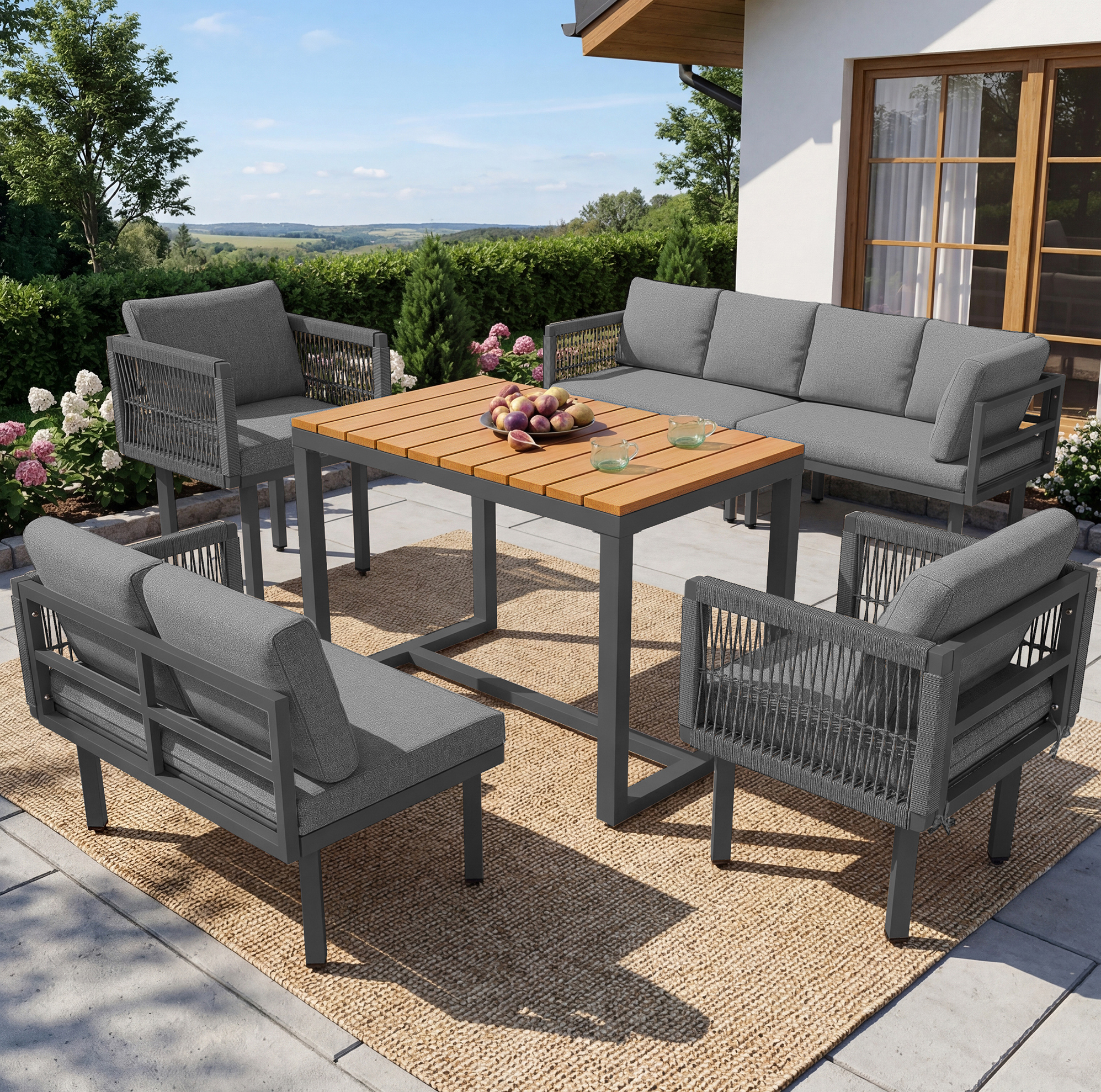 6-teiliges Garten-loungeset Aus Grauem Metall Mit Ecksofa, 2 Sesseln Und Couchtisch