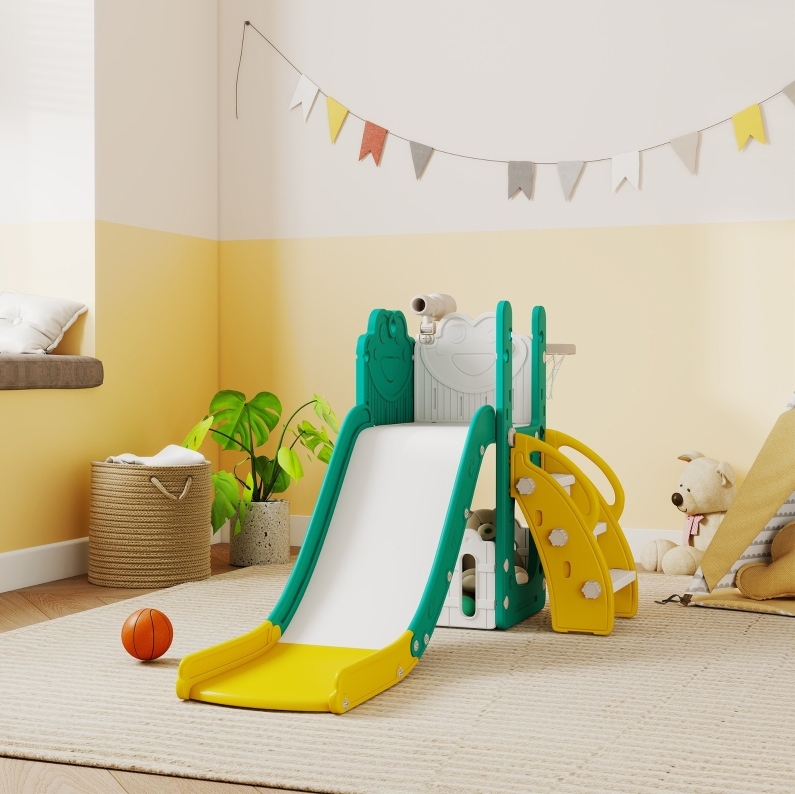 5-in-1-kinderrutsche Mit Basketballkorb, Teleskop, Kletterwand, 178x70x86 Cm, Hdpe Gelb/grün