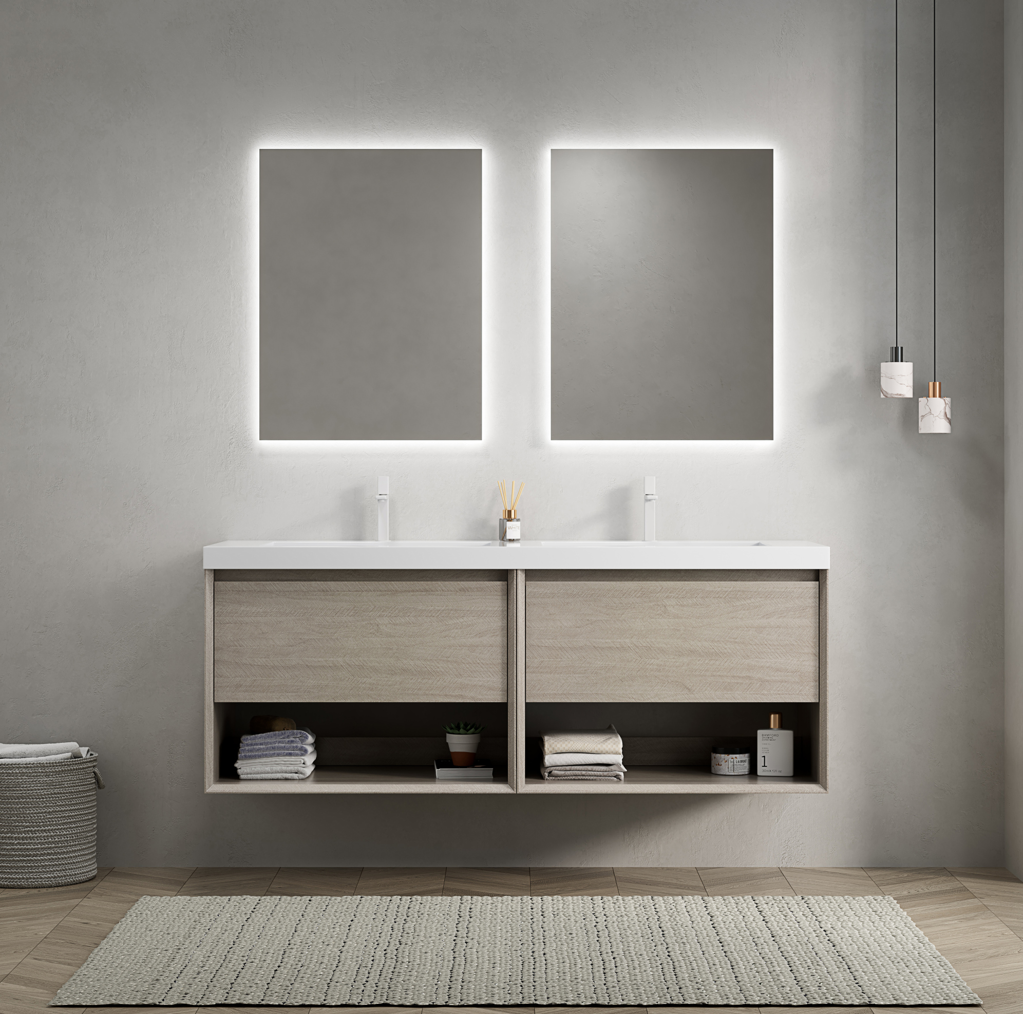 Hängender Badschrank 140 Cm Mit Doppelwaschbecken Aus Weißem Kunstharz Und Heller Eiche